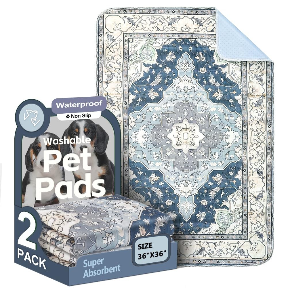 Washable Reusable Dog Training Pads 36″x36″ Navy & Ecru Puppy Pee Pads 2 Pack