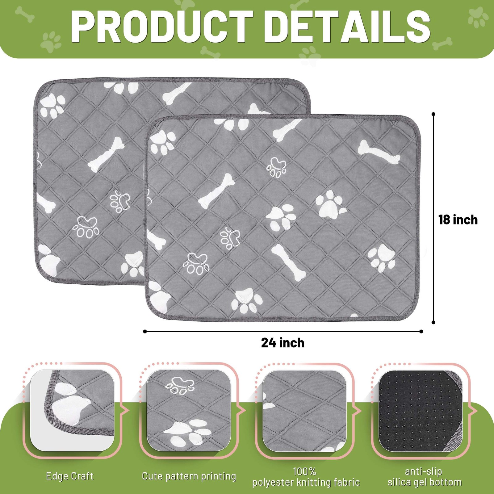 PatiencET Washable Pee Pads for Dogs, 18” x 24″ 18″ x 24″, Gray Paw Bone