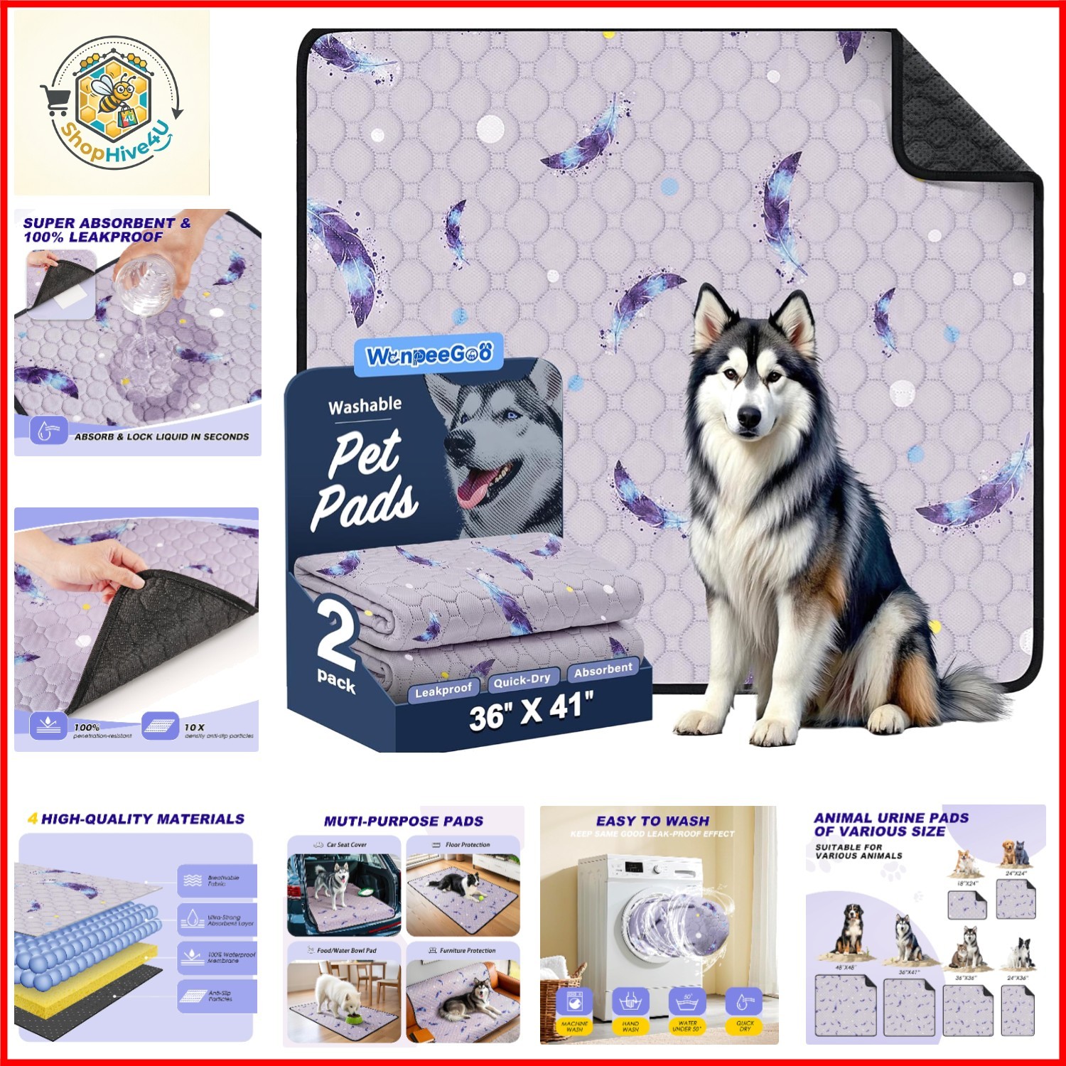 Washable Dog Pee Pads, Non-Slip Waterproof, 36 x 41 in, 2 Pack, Feather | Sup…