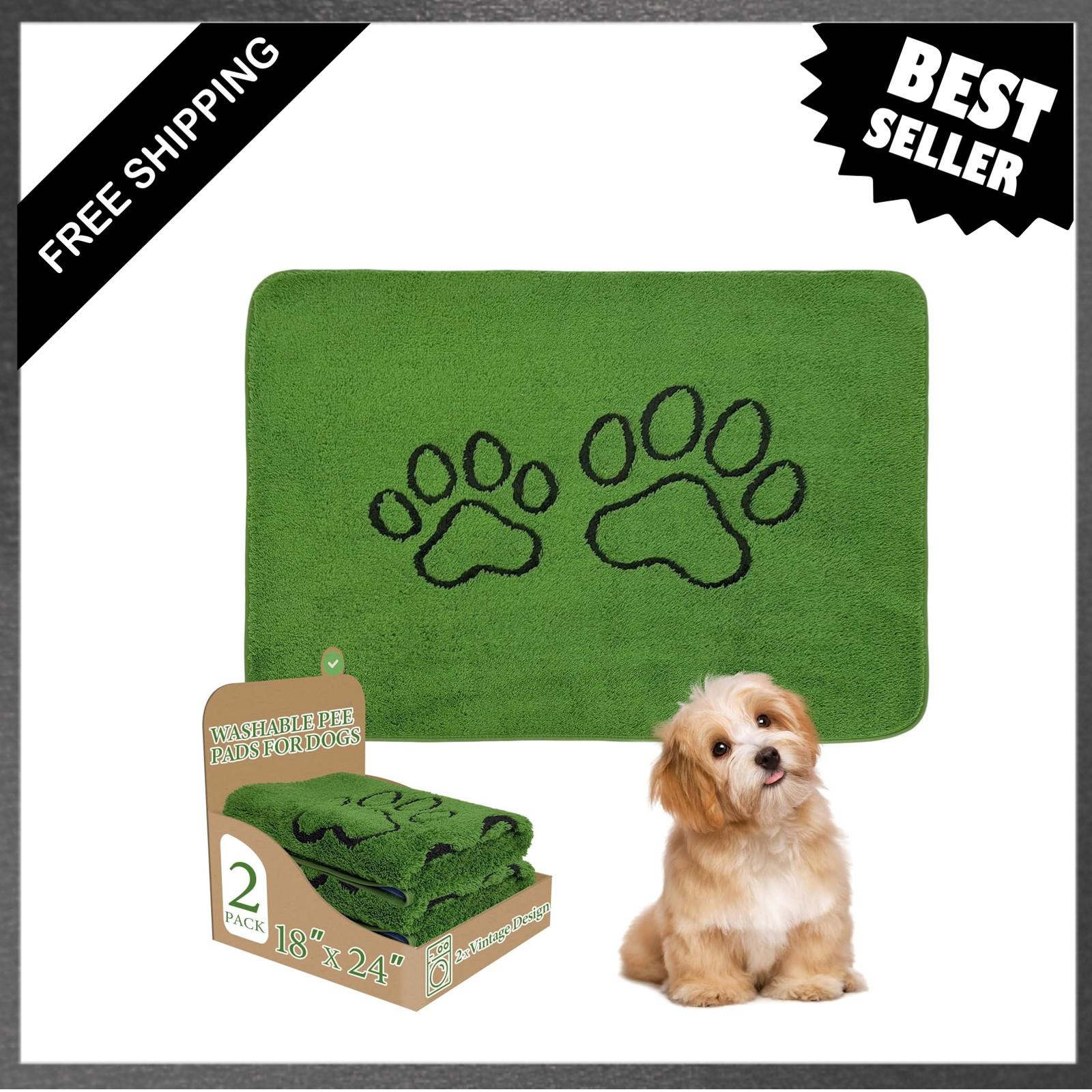 Washable Dog Pee Pads, Reusable Puppy Pads, 18×24 Inches, Green, Leak-Proof