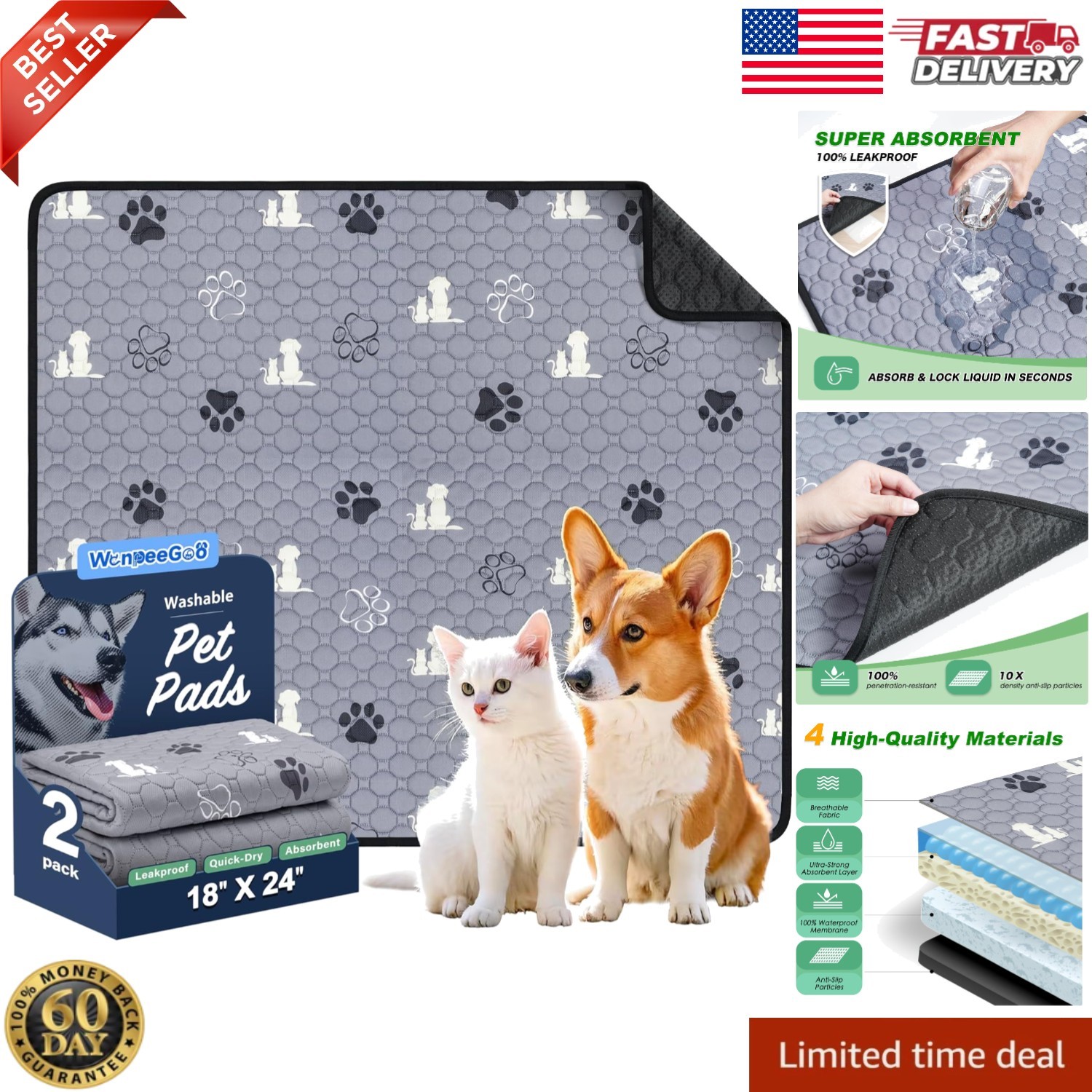 Washable Pee Pads for Dogs, 2Pack Reusable Puppy Pads, Super Absorbent & Leakpro