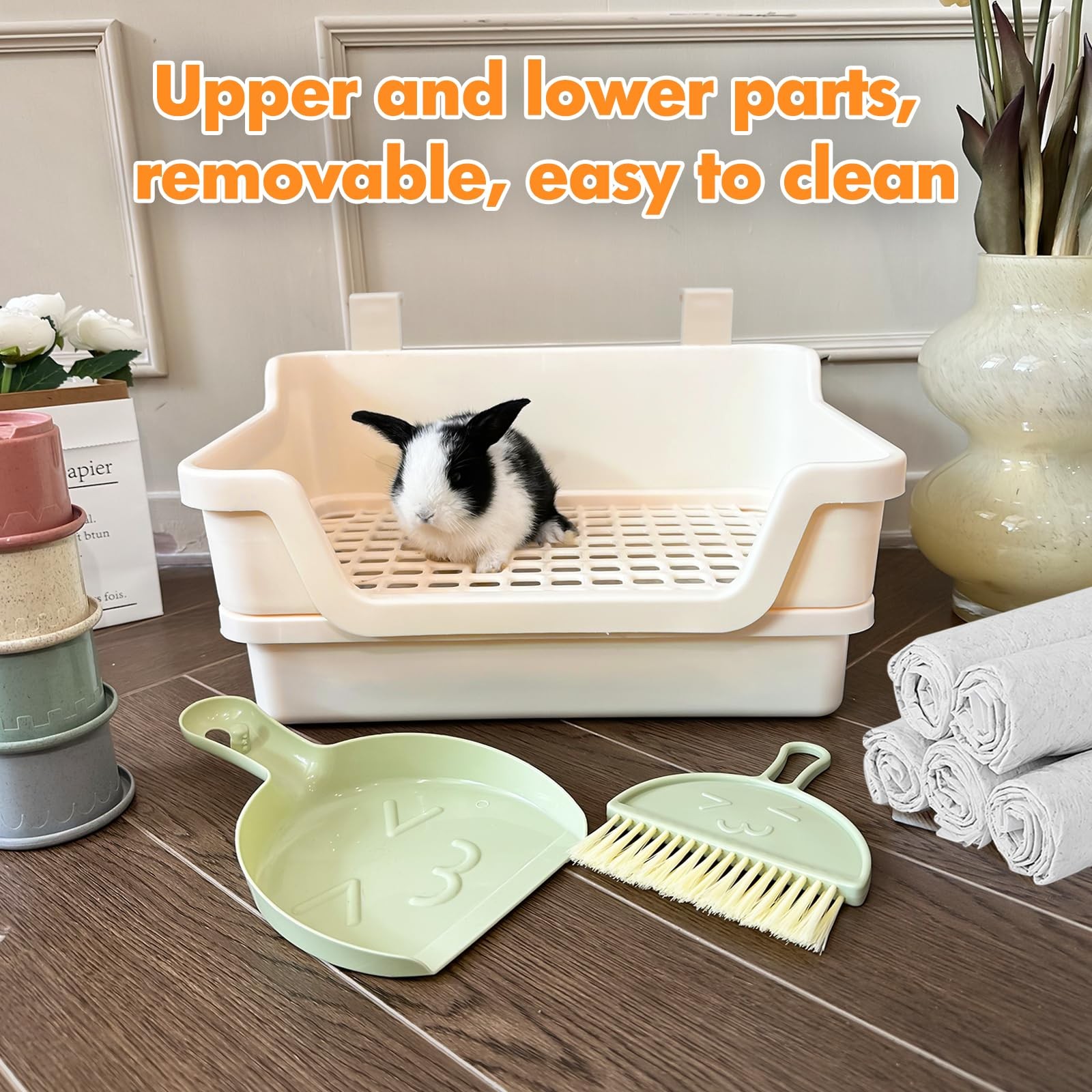 Yuoaes Large Rabbit Litter Box w/Plastic Grid & Dump Tray-Bunny Large, Cream