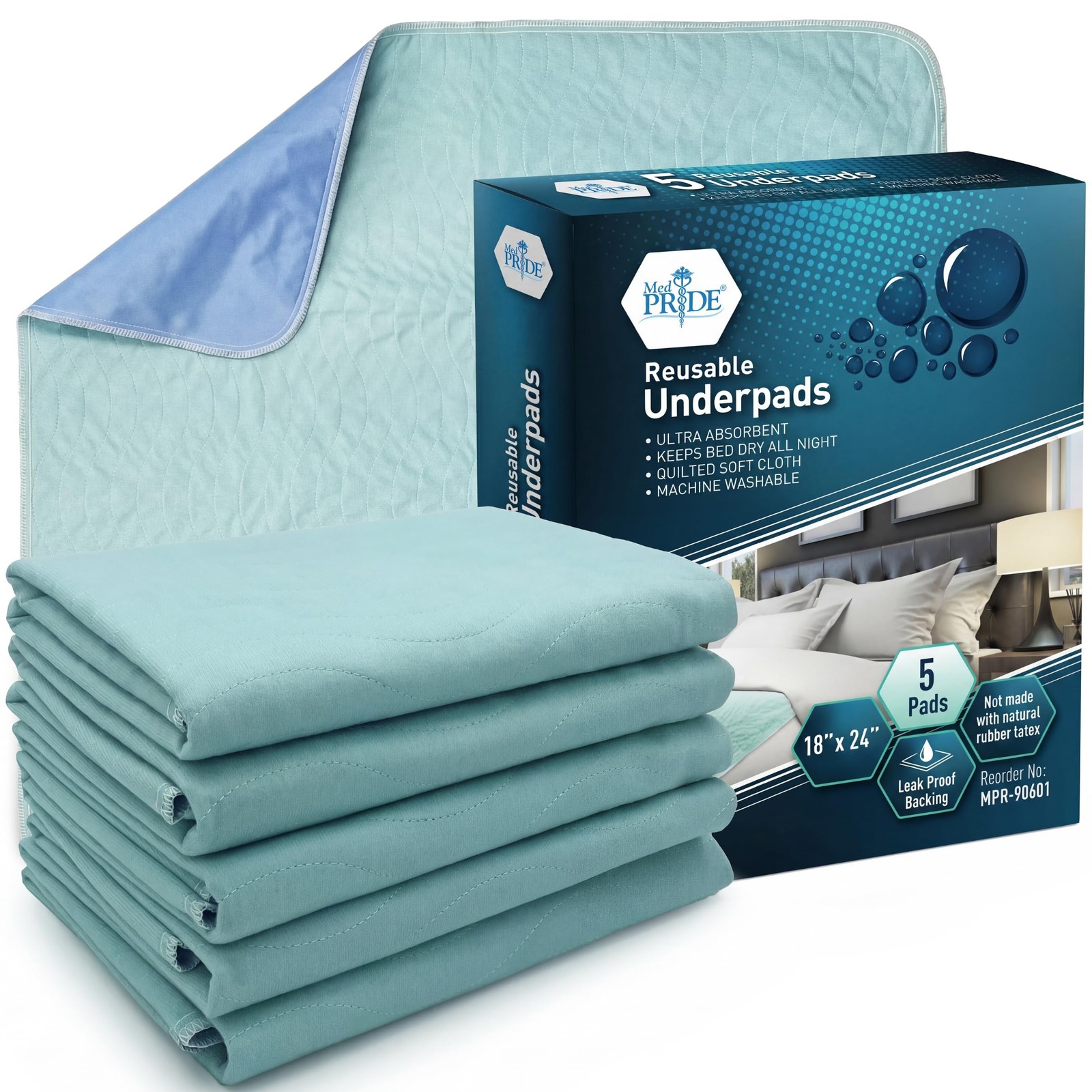 MED PRIDE Reusable Underpads 18 x 24 Inch, 5 Pack Washable Bed Pads, Waterpro…