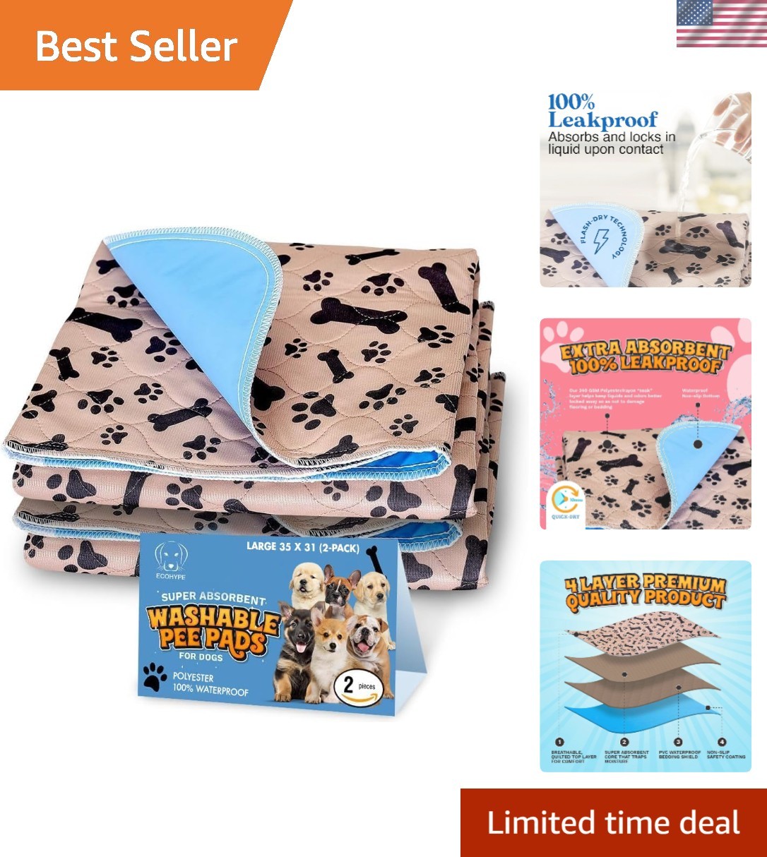 Super Absorbent Large Dog Pee Pads 2-pack