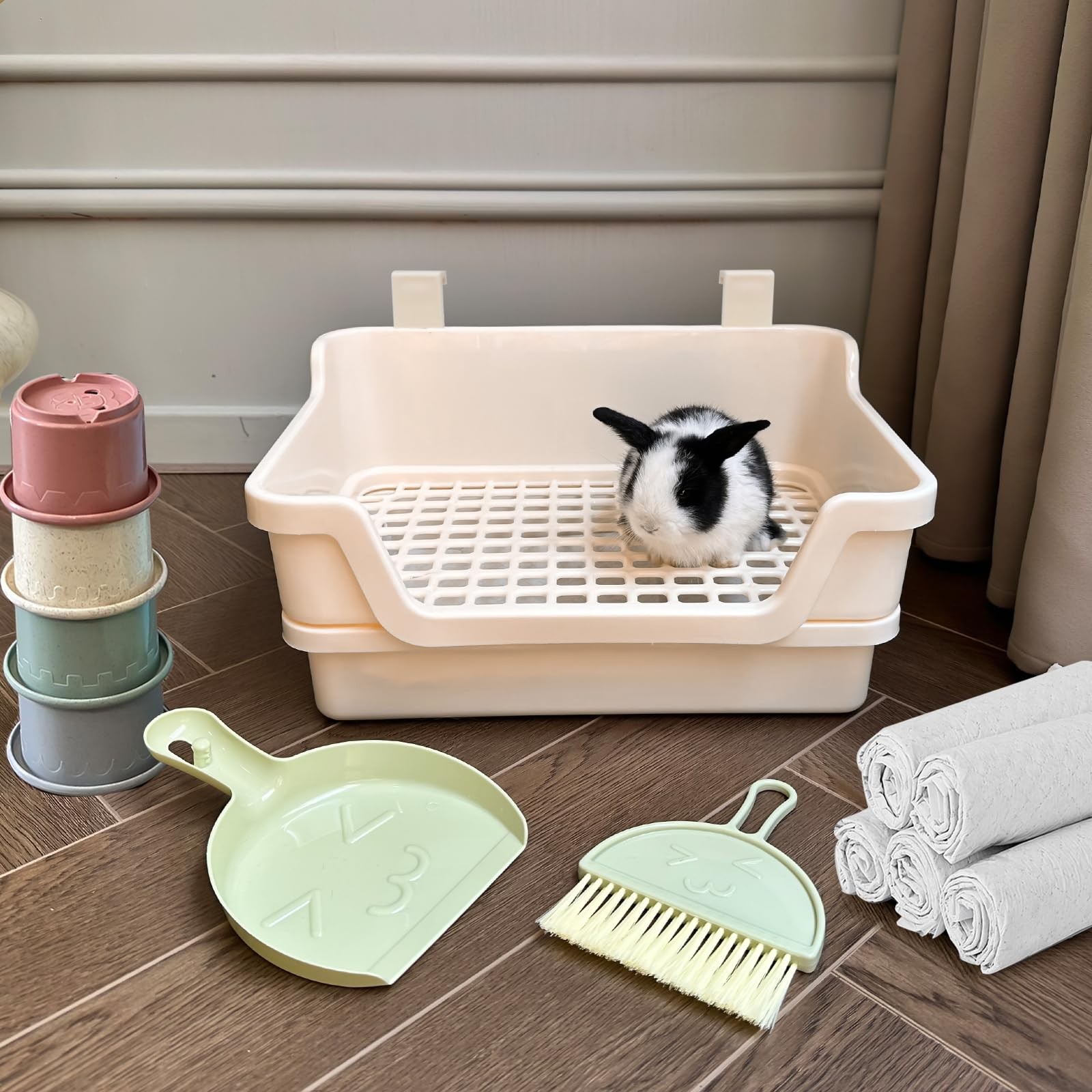 Yuoaes Large Rabbit Litter Box w/Plastic Grid & Dump Tray-Bunny Large, Cream