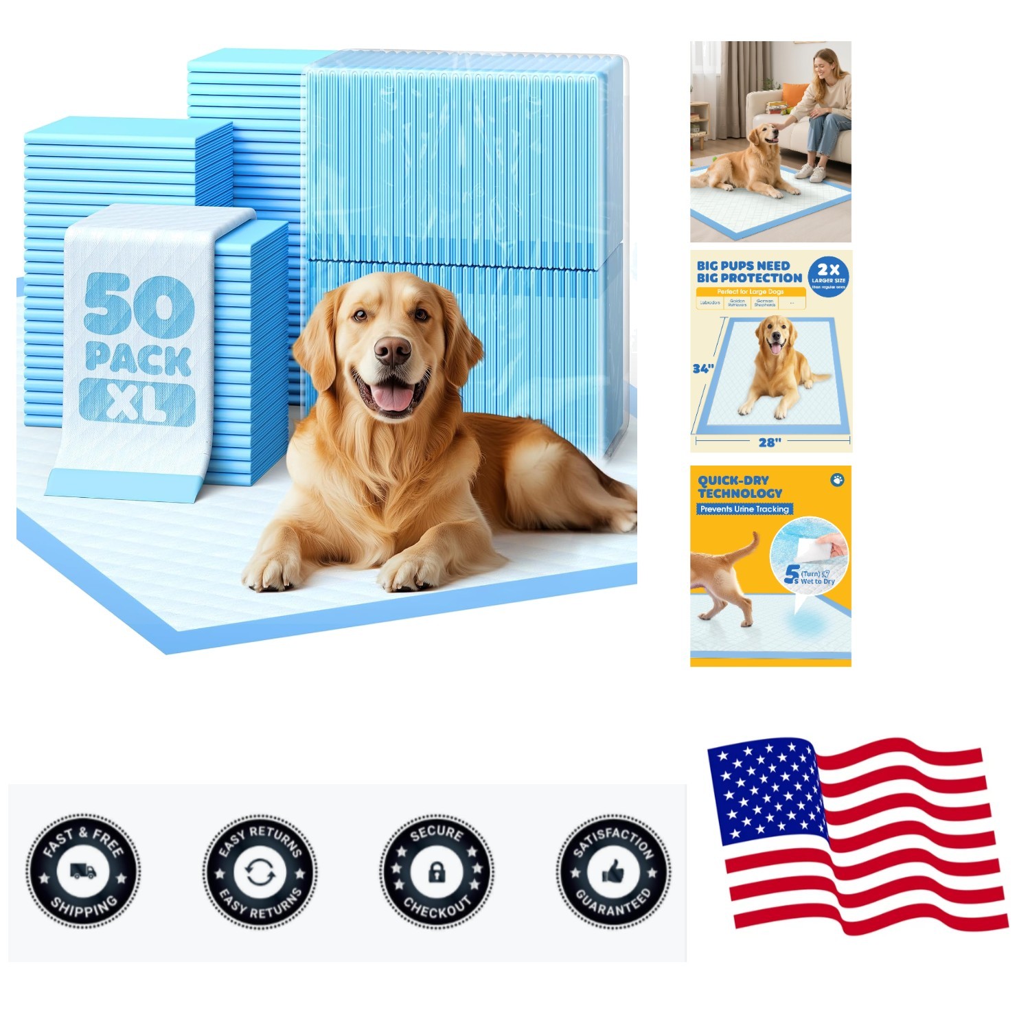 50-Pack Extra Large Pee Pads – 34″ x 28″ Puppy Pads for Dogs with 6-Layer Lea…