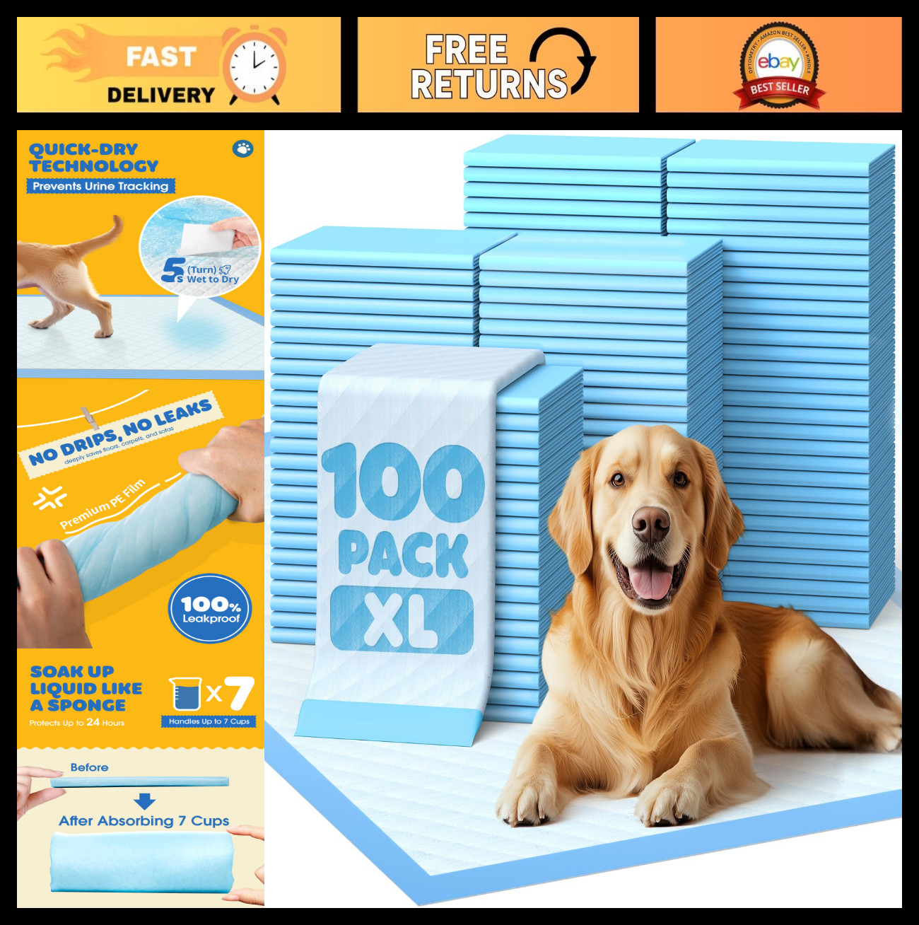 100-Pack Extra Large Puppy Pads 34″x28″ – Leakproof, Quick-Dry, High Absorbency