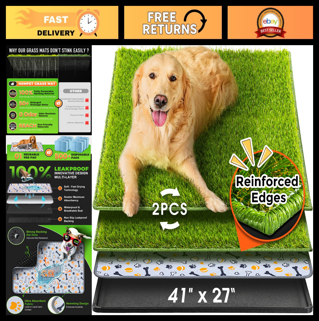 Large Dog Grass Pad with Tray, 41″x27″, 2 Reusable Turf Pee Pads, Waterproof, No