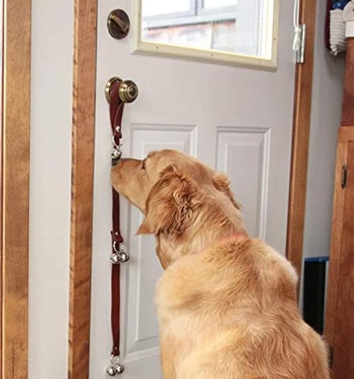 Leather Dog Doorbells for Door Knob, Adjustable Brown Leather Golden Bells