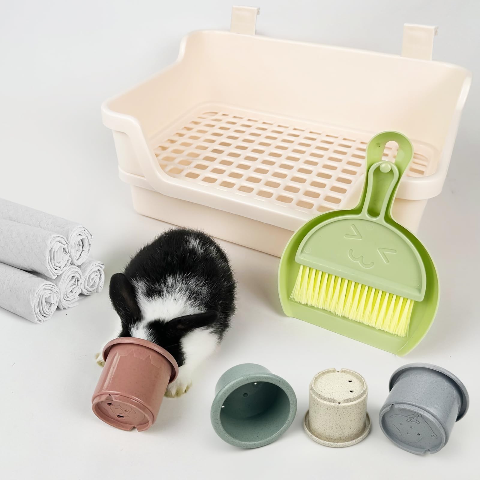Yuoaes Large Rabbit Litter Box w/Plastic Grid & Dump Tray-Bunny Large, Cream