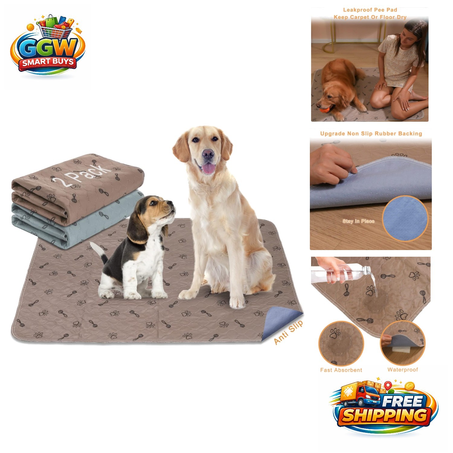 2Pack 36×36 Fast Absorbent Puppy Pads – Waterproof & Non-Slip with Bonus Comb