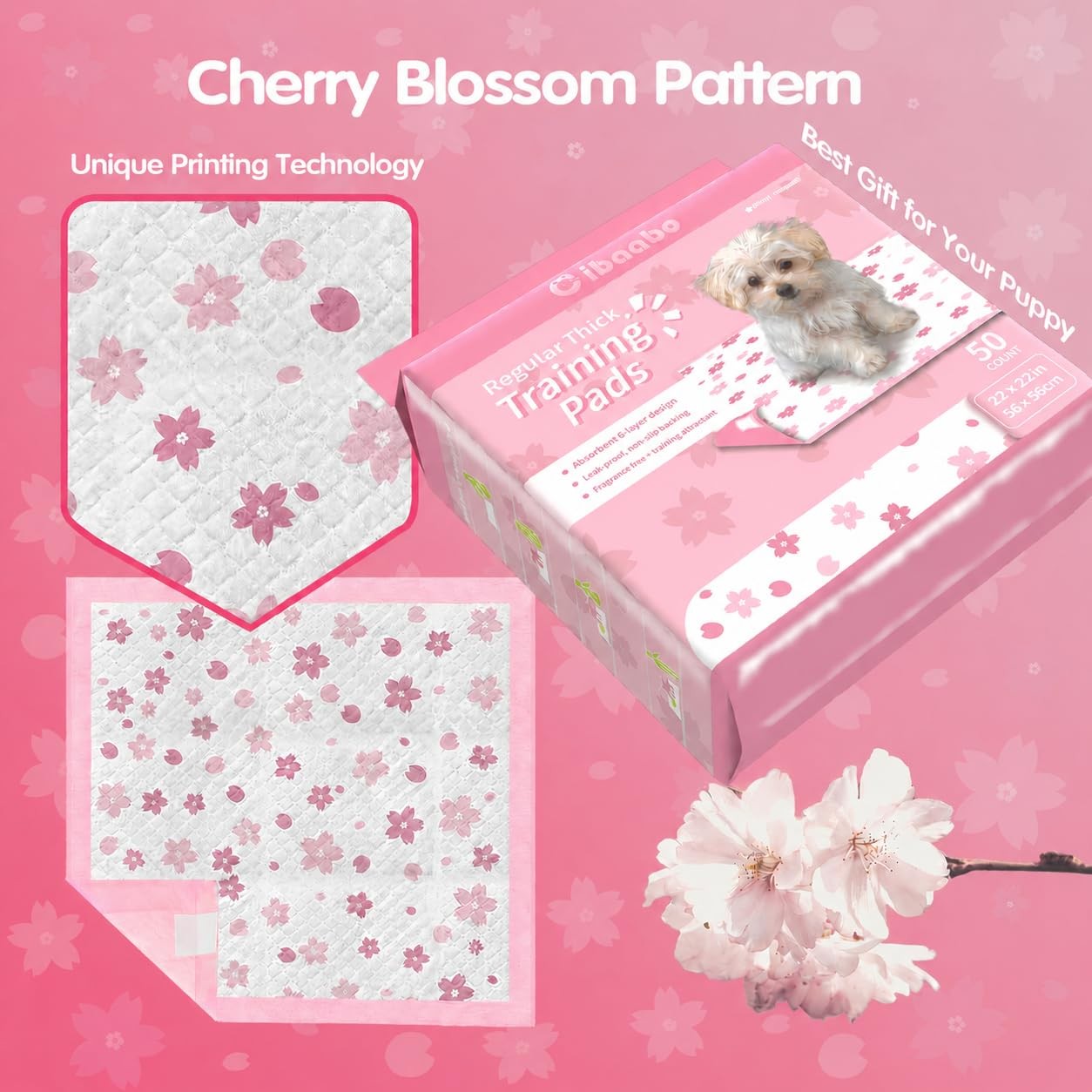 Cibaabo Pink Puppy Pads with Adhesive Tabs 22x22in 50 Count Absorbent | Cute …