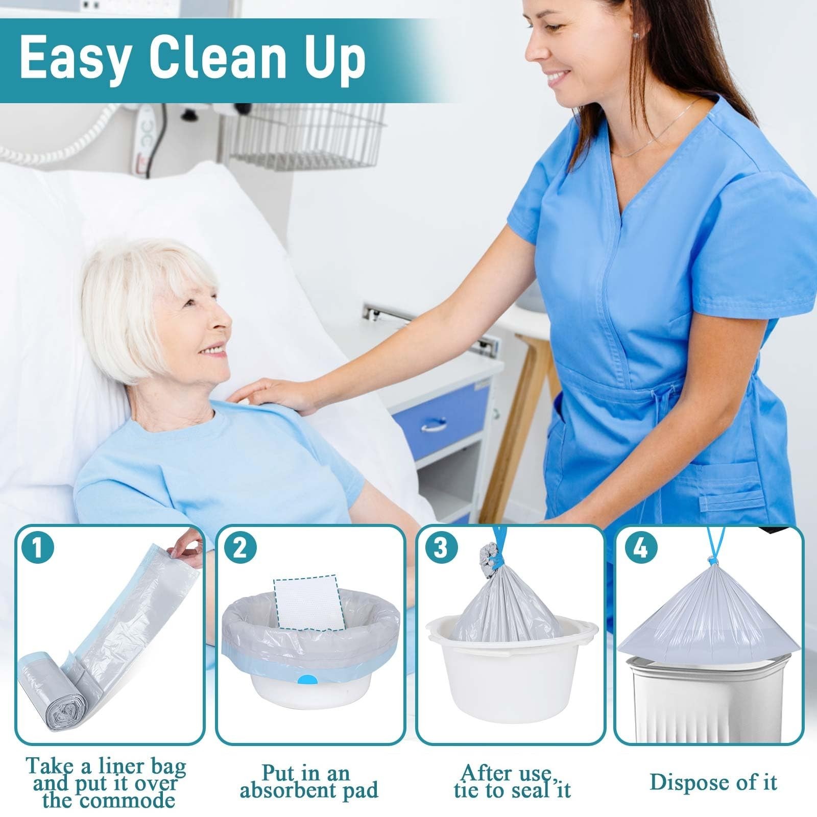 Commode Liners with Absorbent Pads- 50 Commode Bags+ 50 Commode Pads, Extra T…