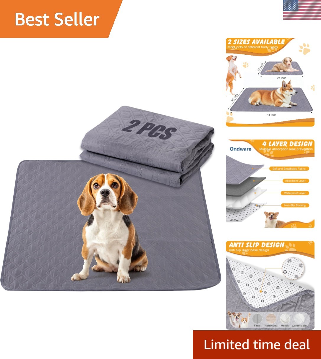 2-Pack Washable Puppy Training Pads – 4-Layer Leakproof & Anti-Slip Design