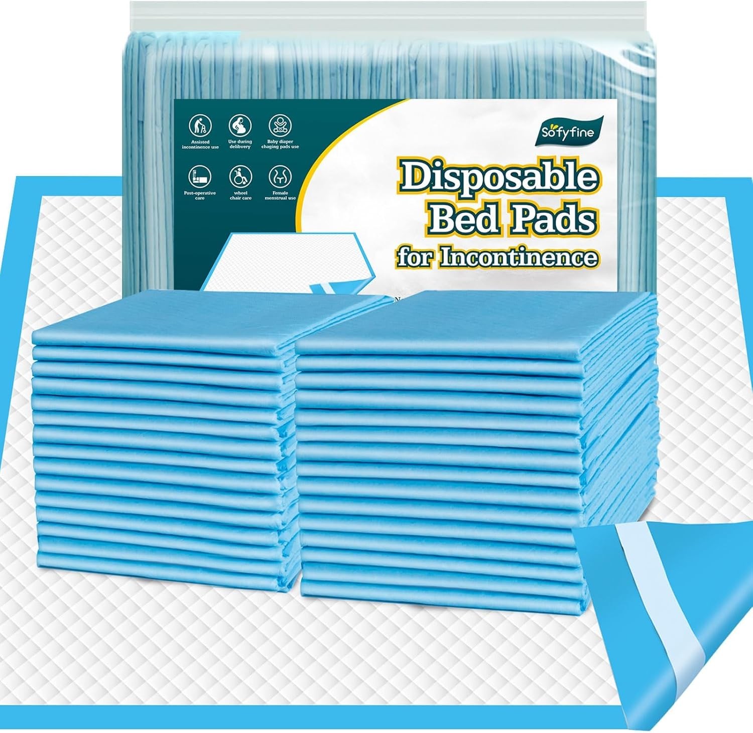 50 Count Bed Pads with Adhesive Strip 30″x36″ Thicken 30×36 (50 Count), Blue