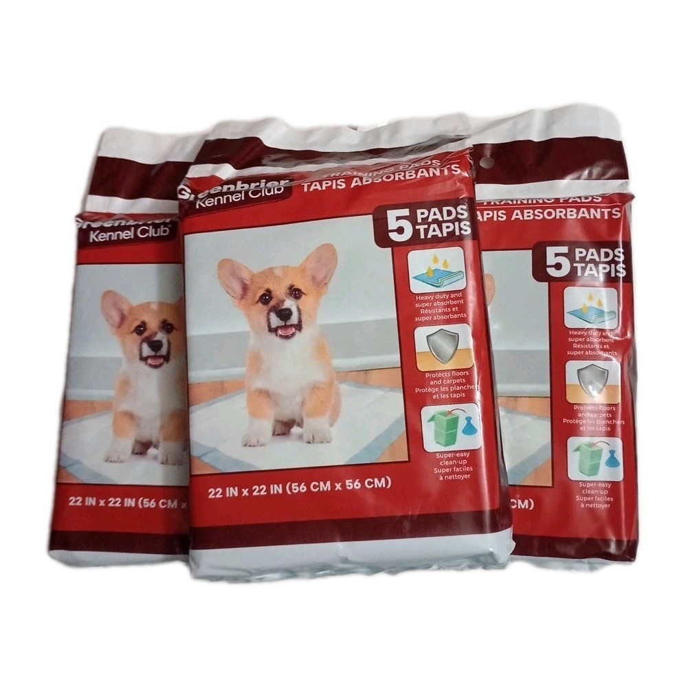 LOT OF 3- GREENBRIER KENNEL CLUB PUPPY TRAINING PADS (5 Pads) 22″ x 22″