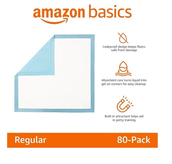 Amazon Basics Leak-Proof Dog and Puppy Potty Training Pee Pads (50 Count , Reg.)