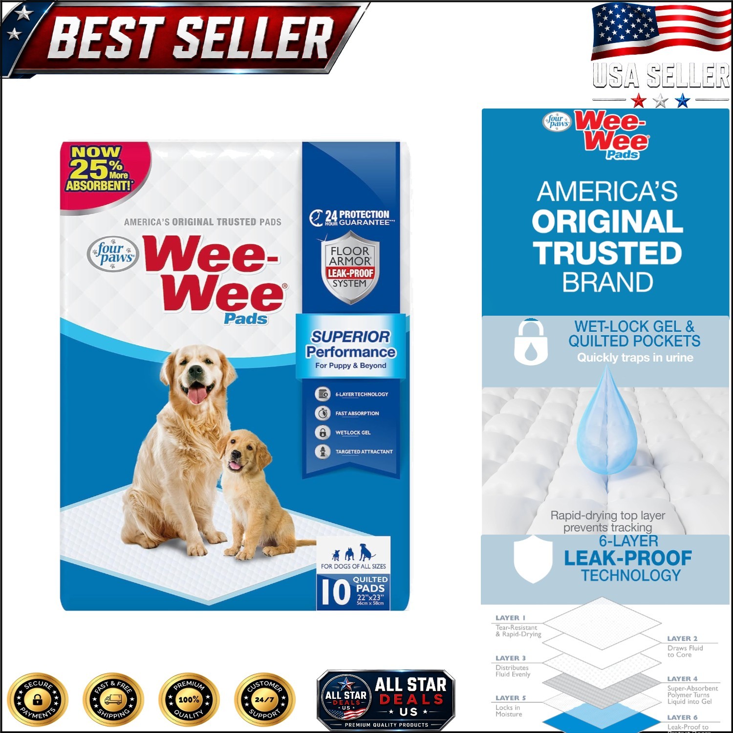 Wee-Wee Unscented Puppy & Dog Pads – 6-Layer Leak-Proof Technology, 10 Count