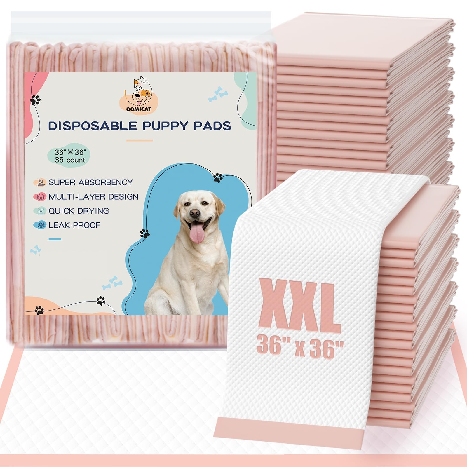 XXL Dog Pee Pads 36″x36″ Extra Large Pink Puppy Pads, 6-Layer Super Absorbent…
