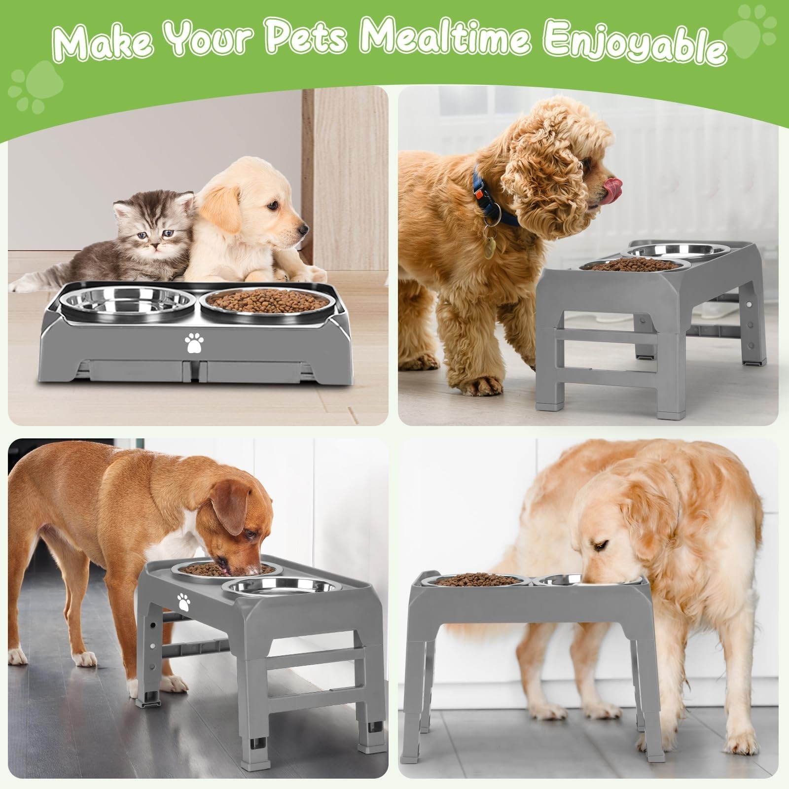 Elevated Raised Dog Bowl Stand with 2 Stainless Steel Bowls, Adjustable Heigh…