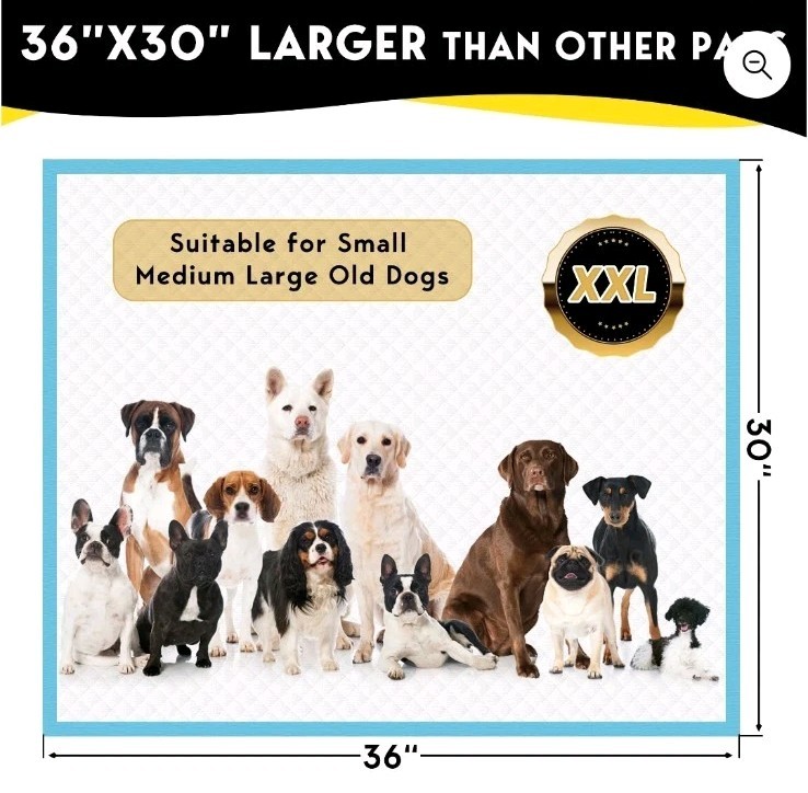 Tolobeve Dog Training Pads, XXL, 30 in x 36 in, 60 Count Disposable Dog Puppy…