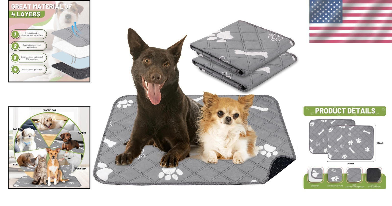 Super Absorbent Cotton Puppy Pads – Machine Washable 18” x 24”, Grey Paw Bone