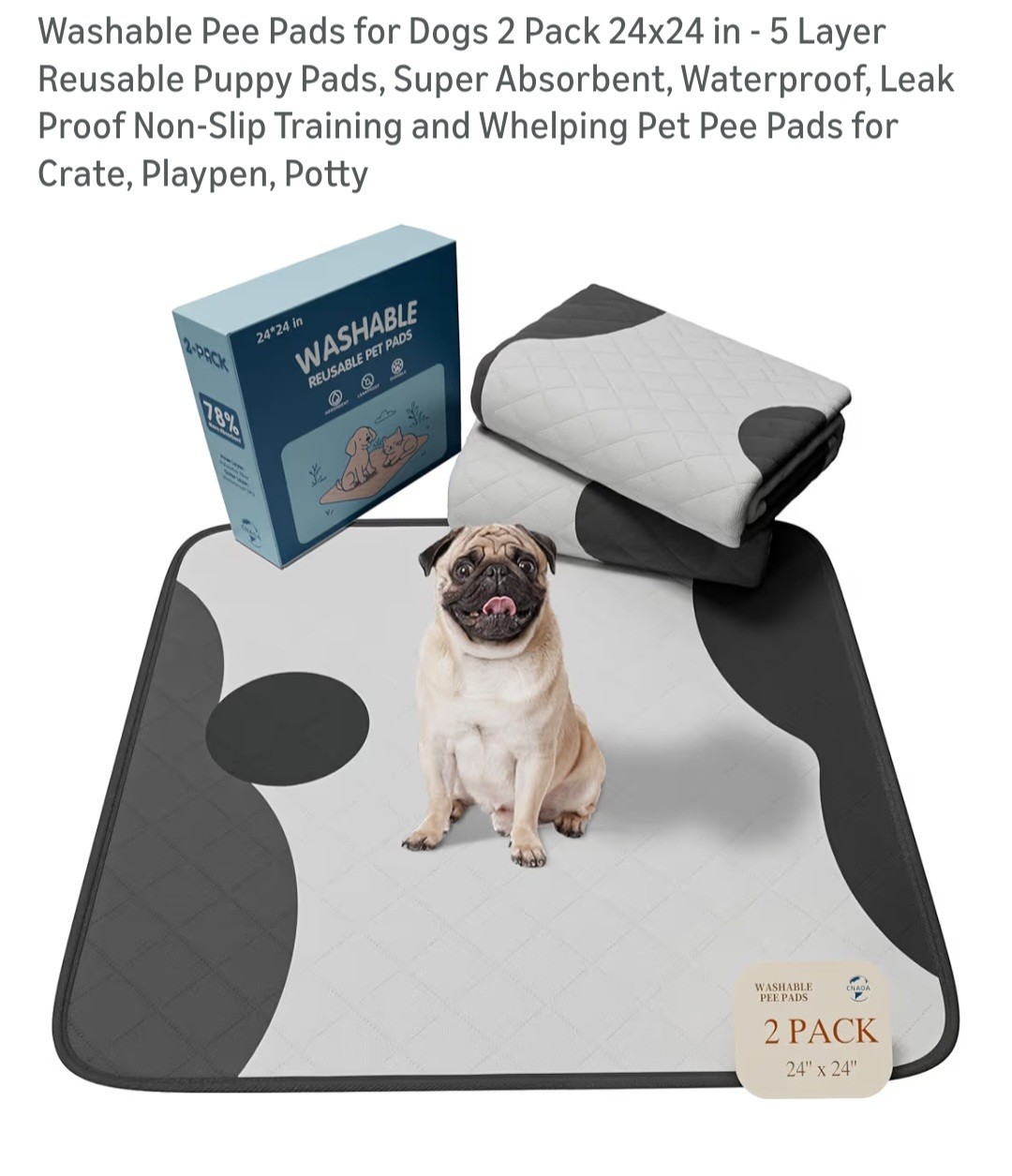 Washable Pee Pads for Dogs 2 Pack 24×24 in – 5 Layer Reusable Puppy Pads, Sup…