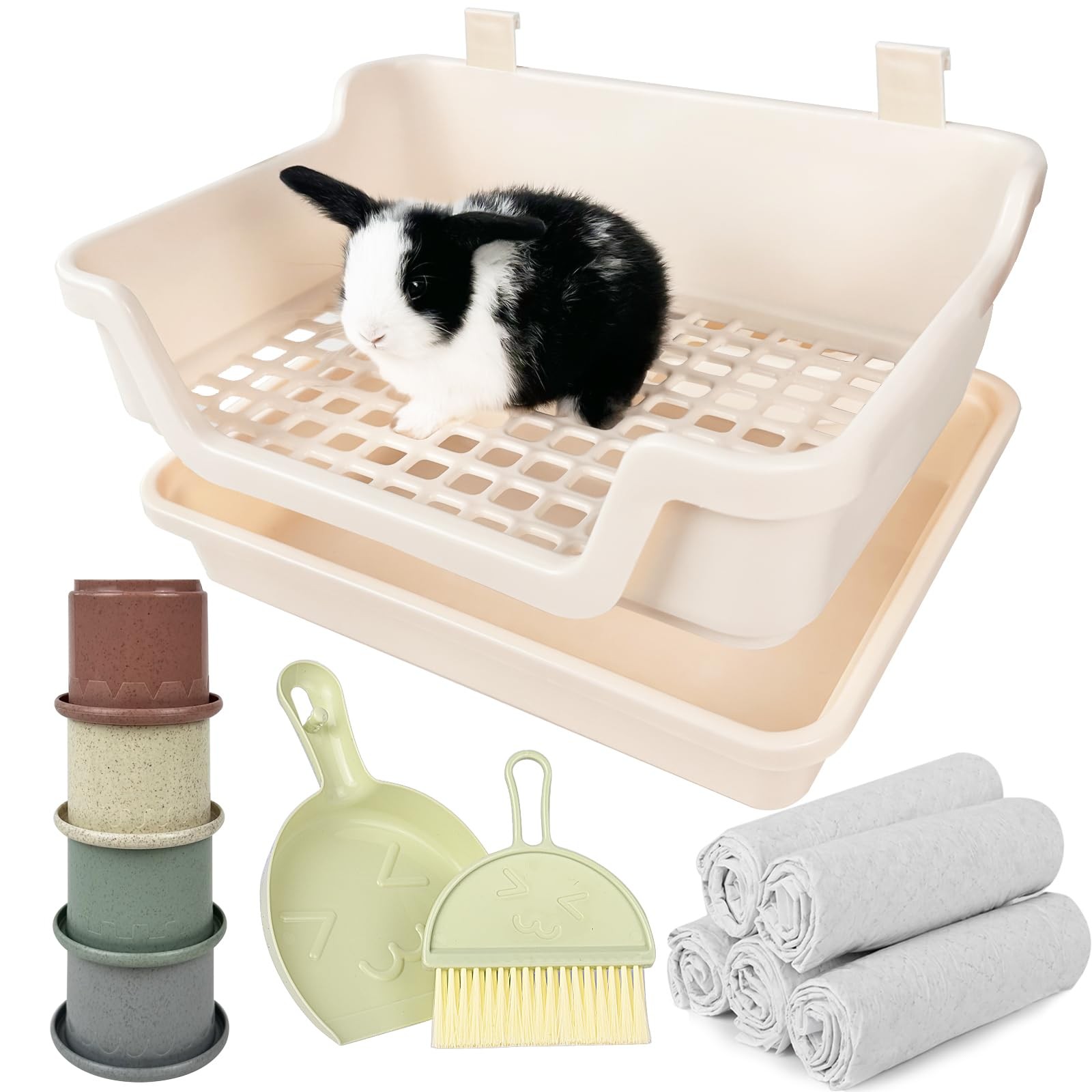 Yuoaes Large Rabbit Litter Box w/Plastic Grid & Dump Tray-Bunny Large, Cream