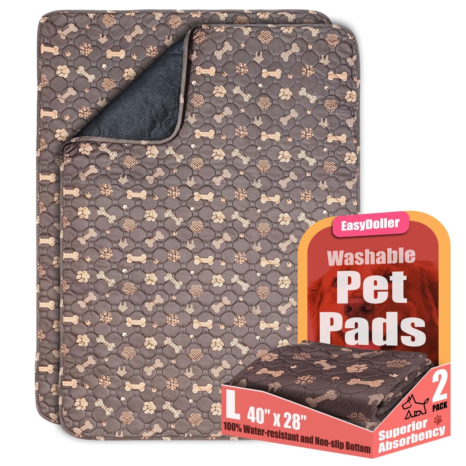 Washable Pee Pads for Dogs – 2 Pcs 28″x40″ Brown 28×40 inches (2-Pack),