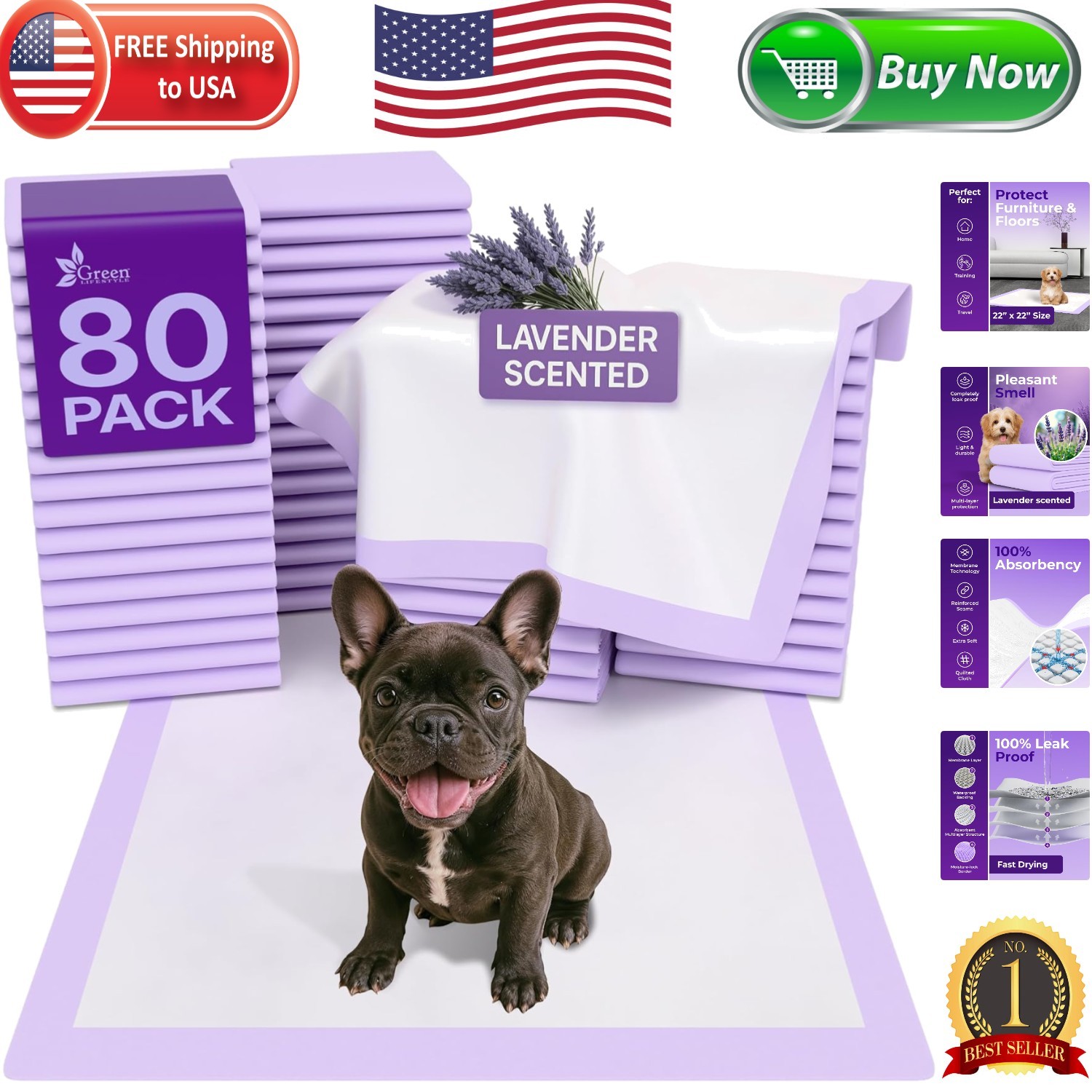 Soft & Comfortable Lavender Pee Pads for Dogs and Cats – Super Absorbent 80 Pack