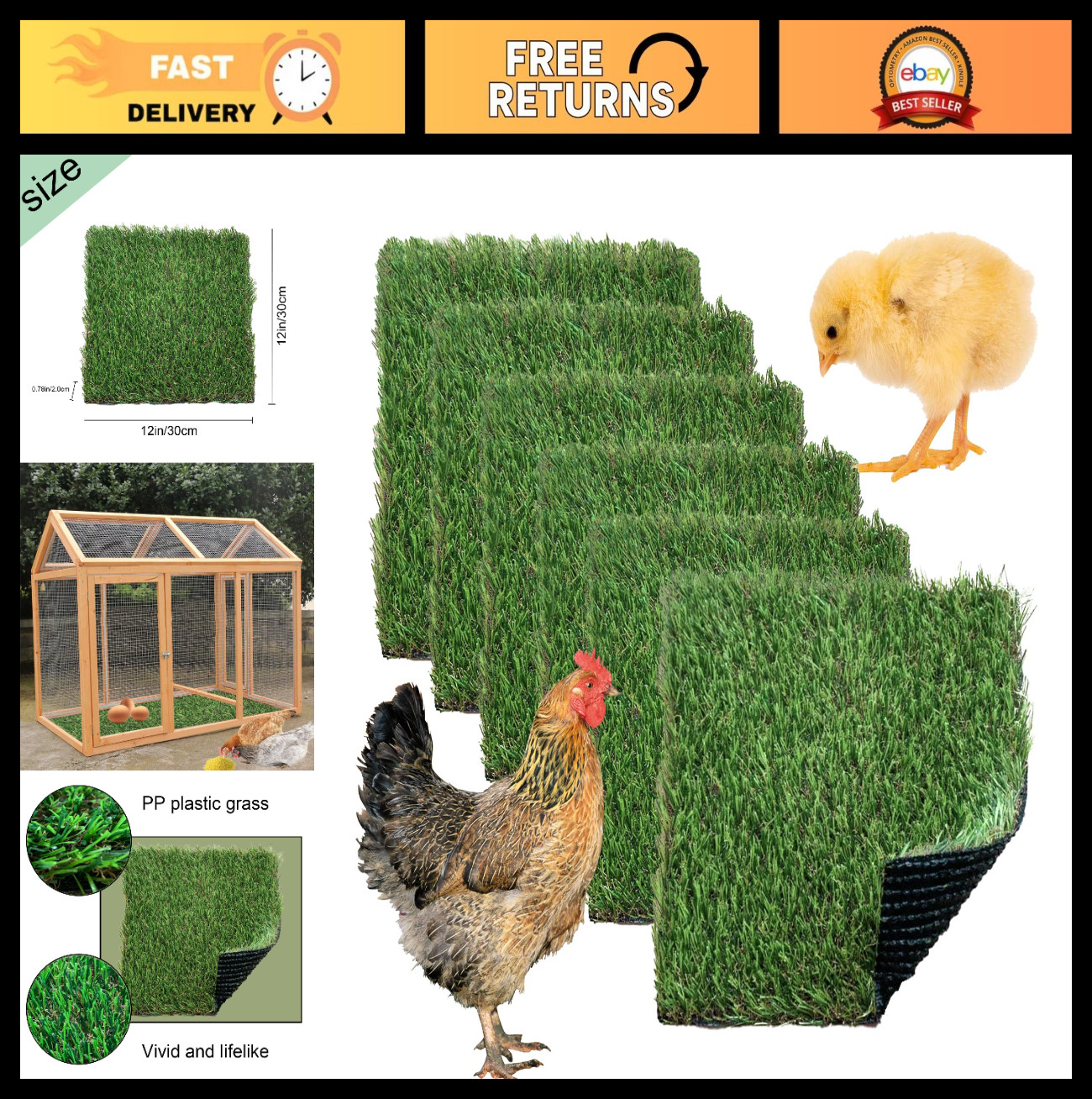 Washable Chicken Nesting Box Pads – 6 Pcs Turf Mats for Coop Bedding, 12″x12