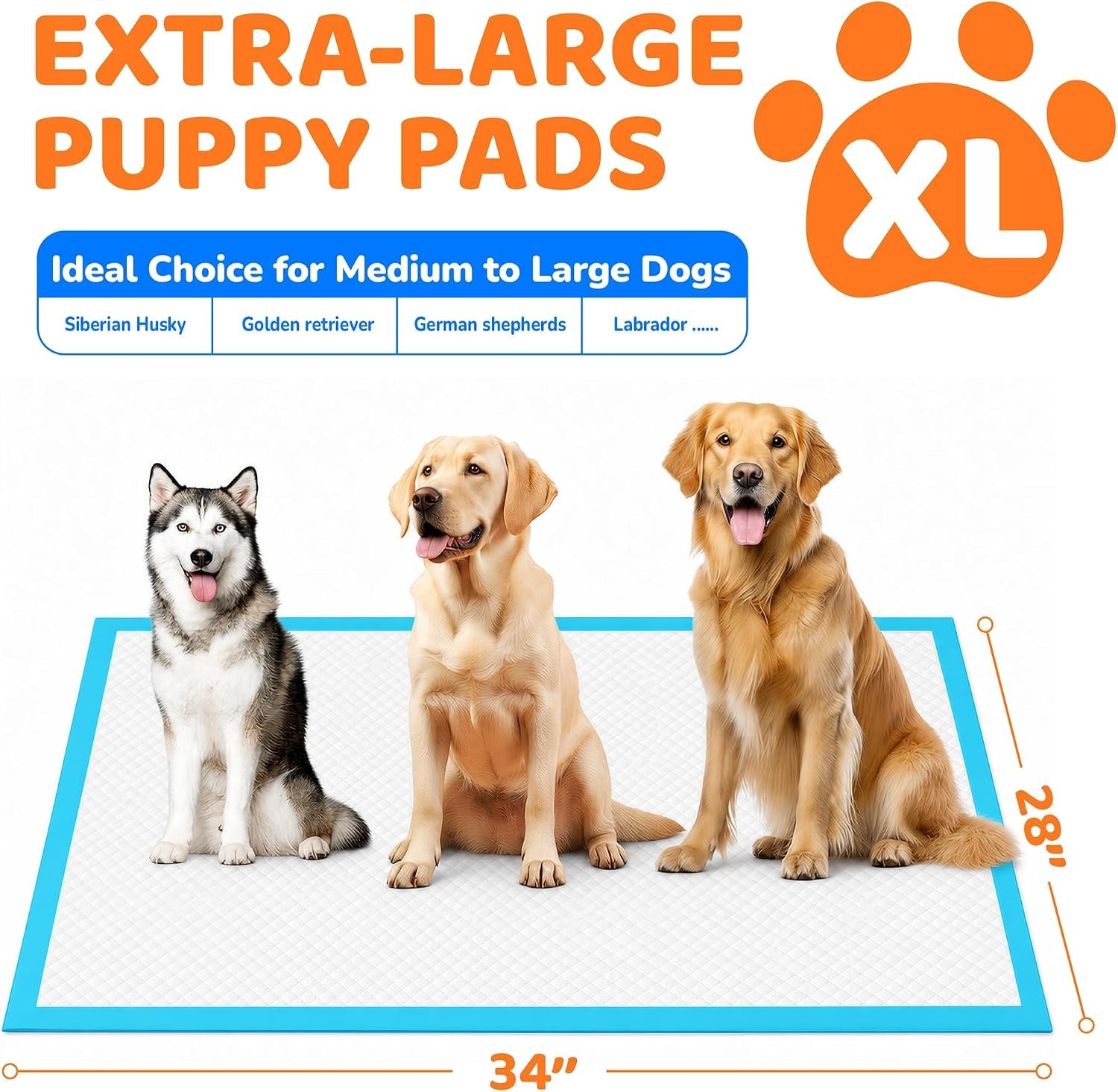Superior Absorption Puppy Pads 28″x34″ – 30 Count Quick-Dry & Tear Resistant