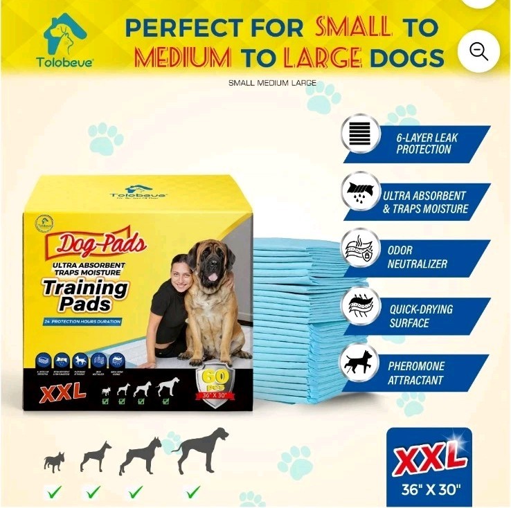 Tolobeve Dog Training Pads, XXL, 30 in x 36 in, 60 Count Disposable Dog Puppy…