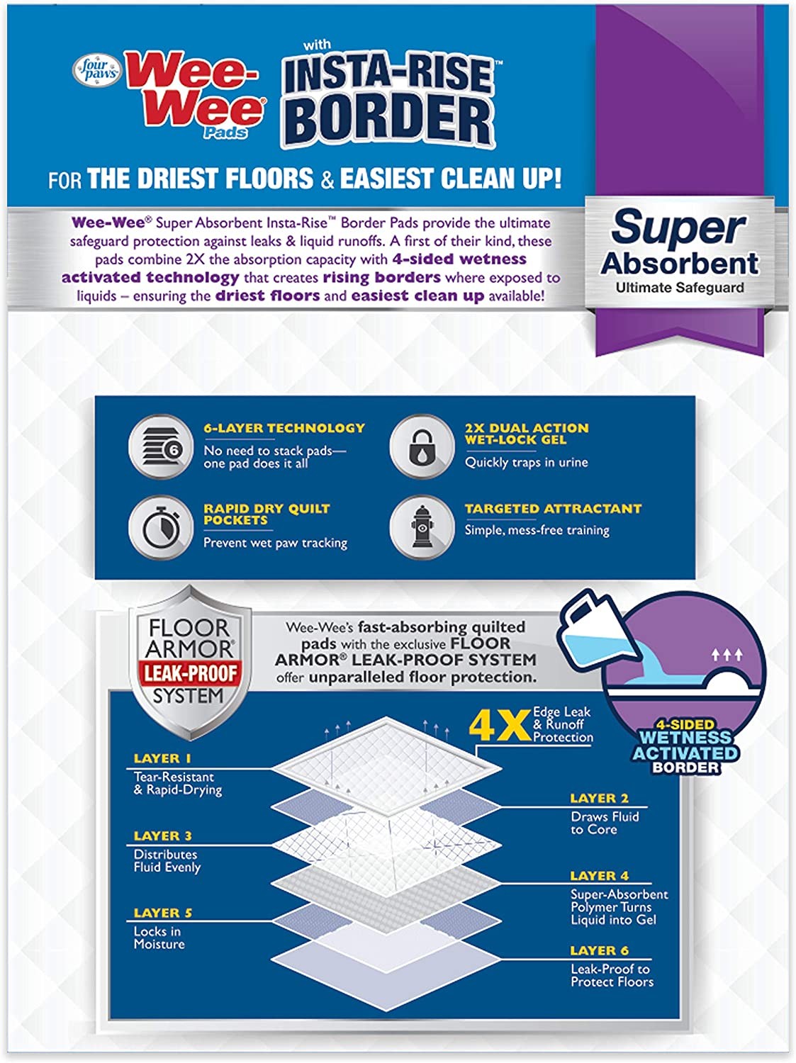 Four Paws Wee-Wee Pads Insta-Rise Border Super Absorbent 22×23 Dog Pads 10 count