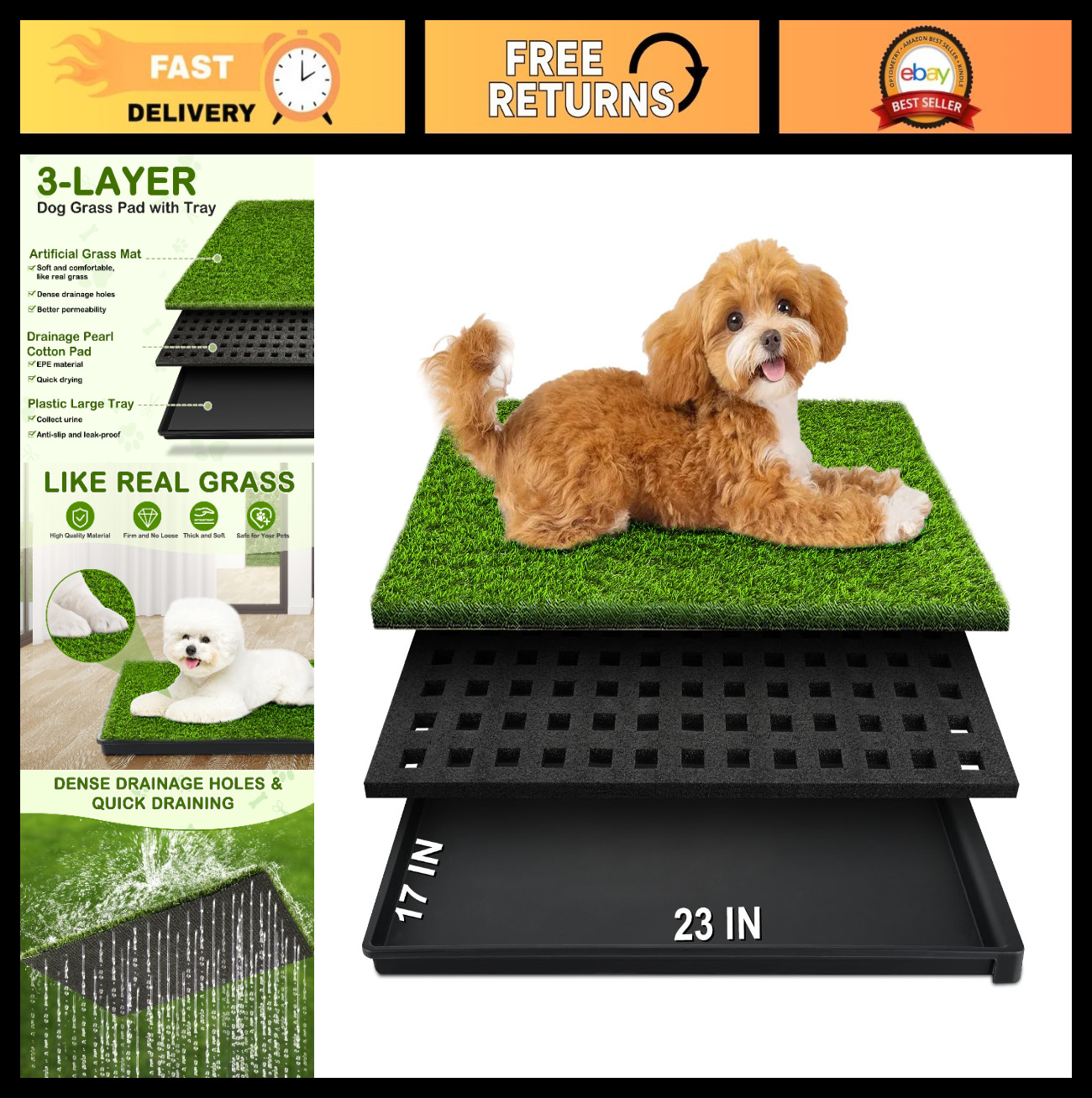 Large Dog Grass Pad with Tray, 23″x17″ Reusable Potty Training Turf, Odorless In