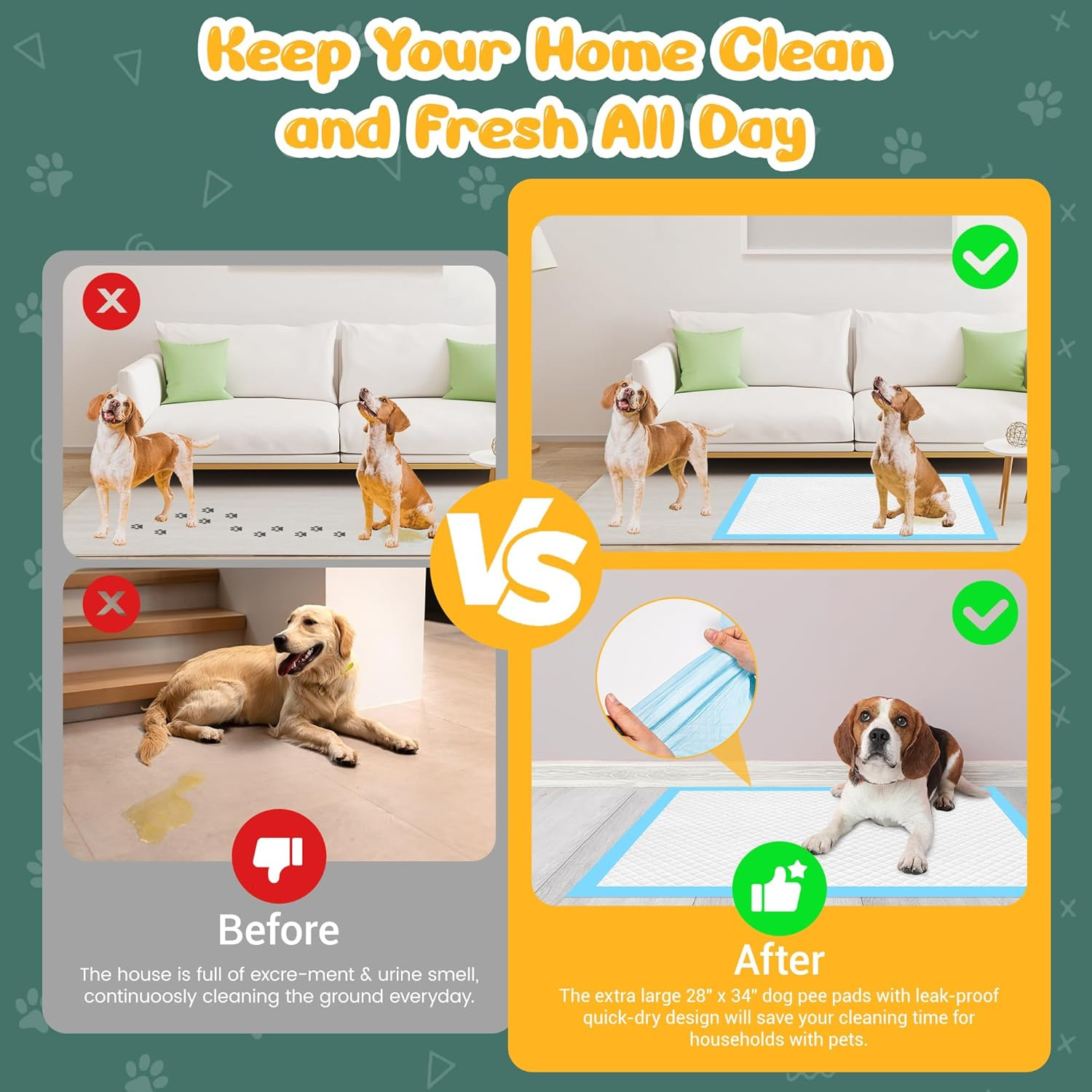 60 Count Extra Large Dog Pee Pads 28″ X 34″, Super Absorbent X-Large Puppy Pads