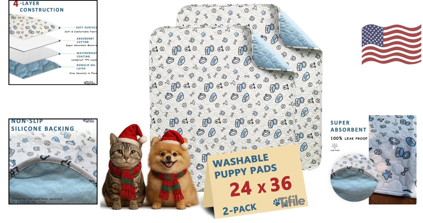 Stylish Bone Print Reusable Dog Training Pads – 2 Pack, 24x36in Leakproof Design
