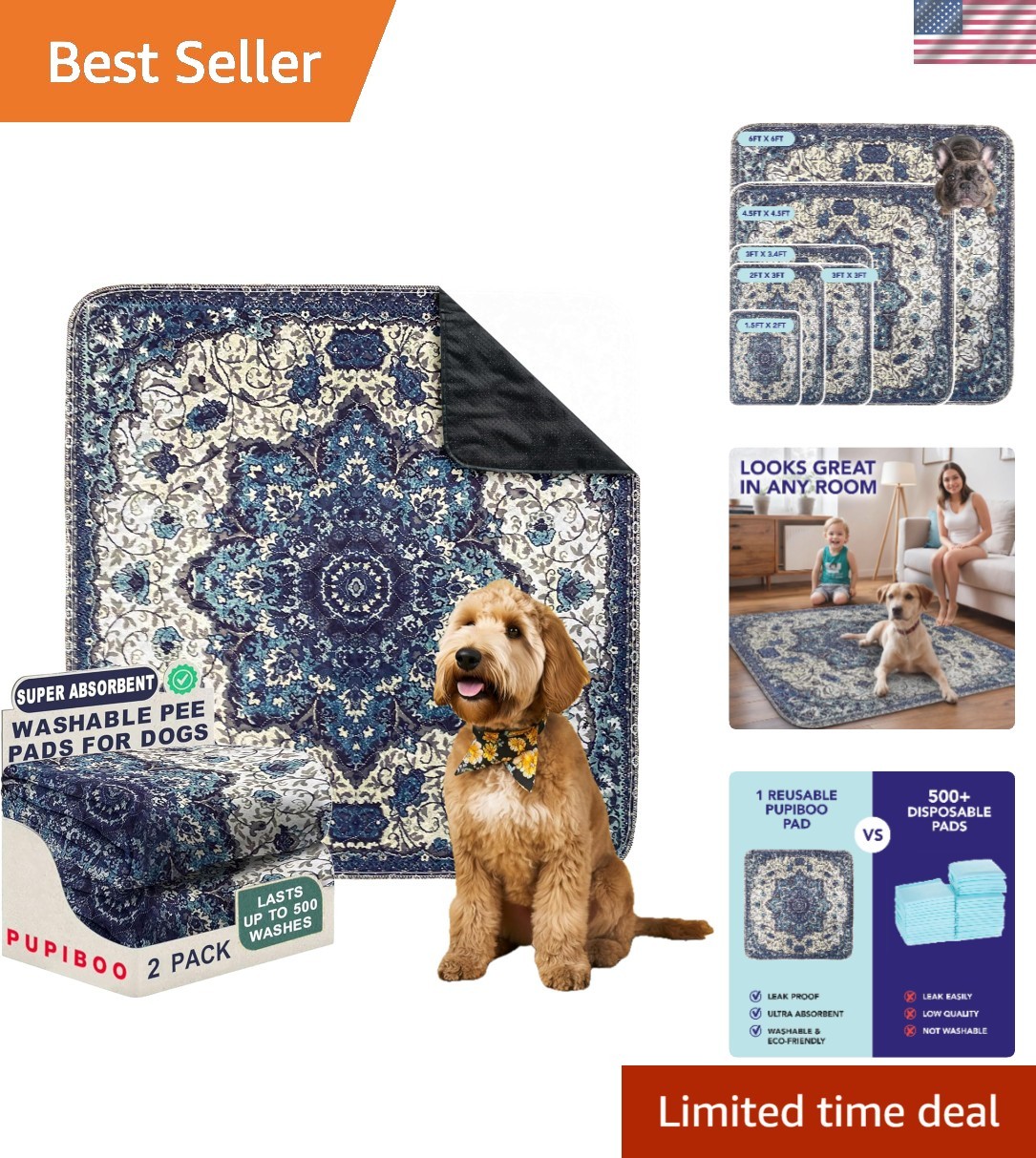Luxury Washable Pee Pads for Dogs & Cats | Super Absorbent, 36×36 in, 2 Count