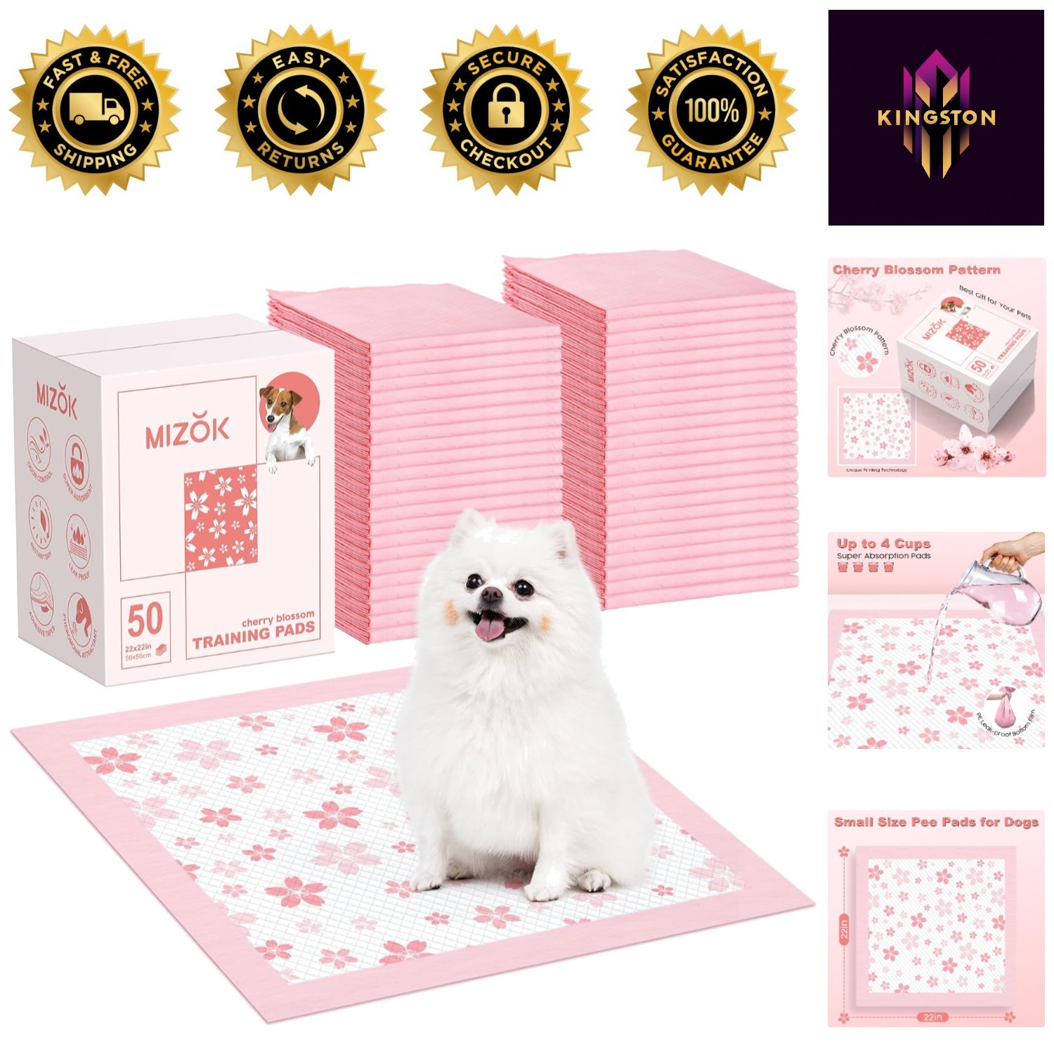 Stylish Pink 22″x22″ Dog Training Pads with Quick-Dry & Adhesive Tabs, 50 Count