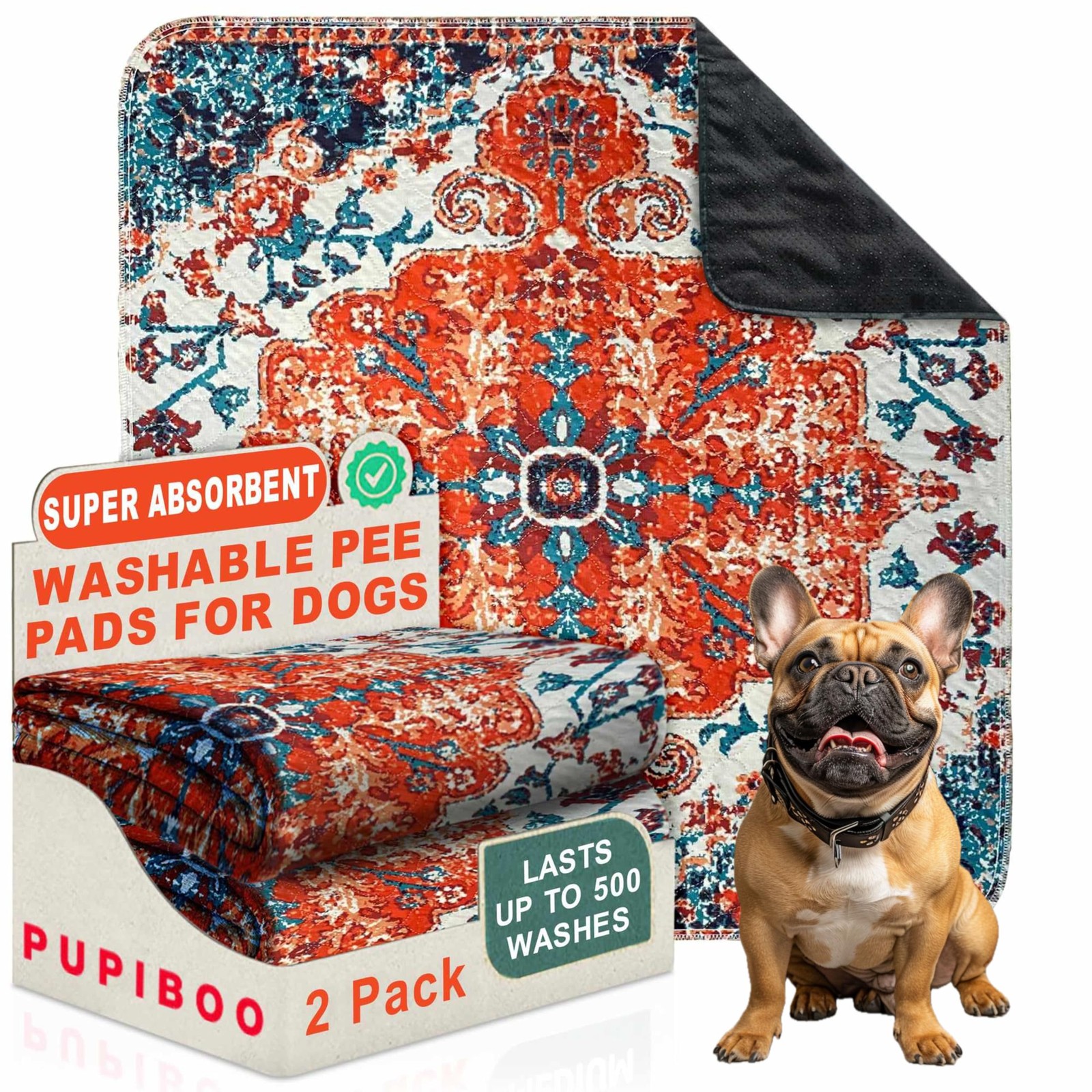 PUPIBOO Washable Pee Pads for 36 x 36 Inch (Pack of 2), Colorful Medallion