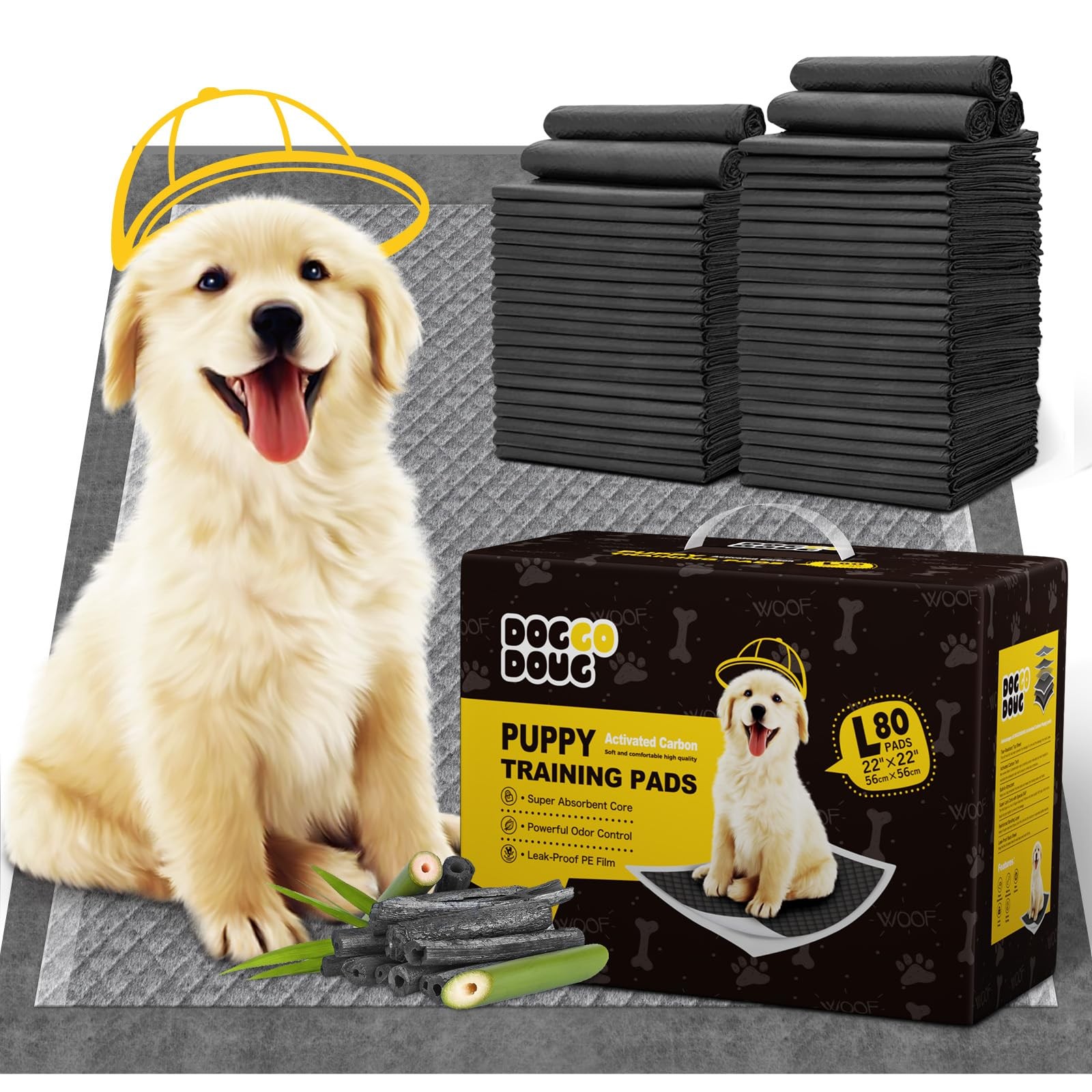 Charcoal Puppy Pads 80 Counts,22″x22″ Dog Pee 80 Count (22″x22″), Black