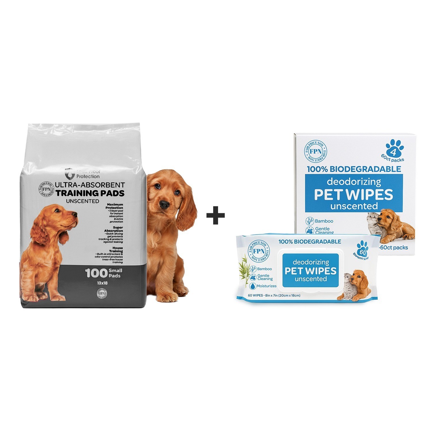 Dog Training Pads 18×13 + Pet Cleaning Wipes Bundle | Leak Proof Puppy Pads