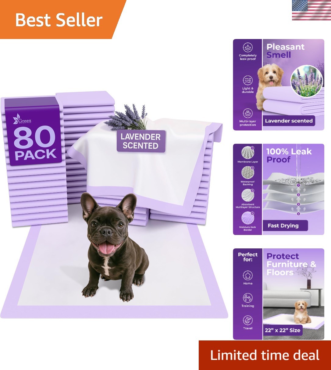 80 Count Lavender Pee Pads for Dogs & Cats – Ultra Absorbent & Reliable 22×22