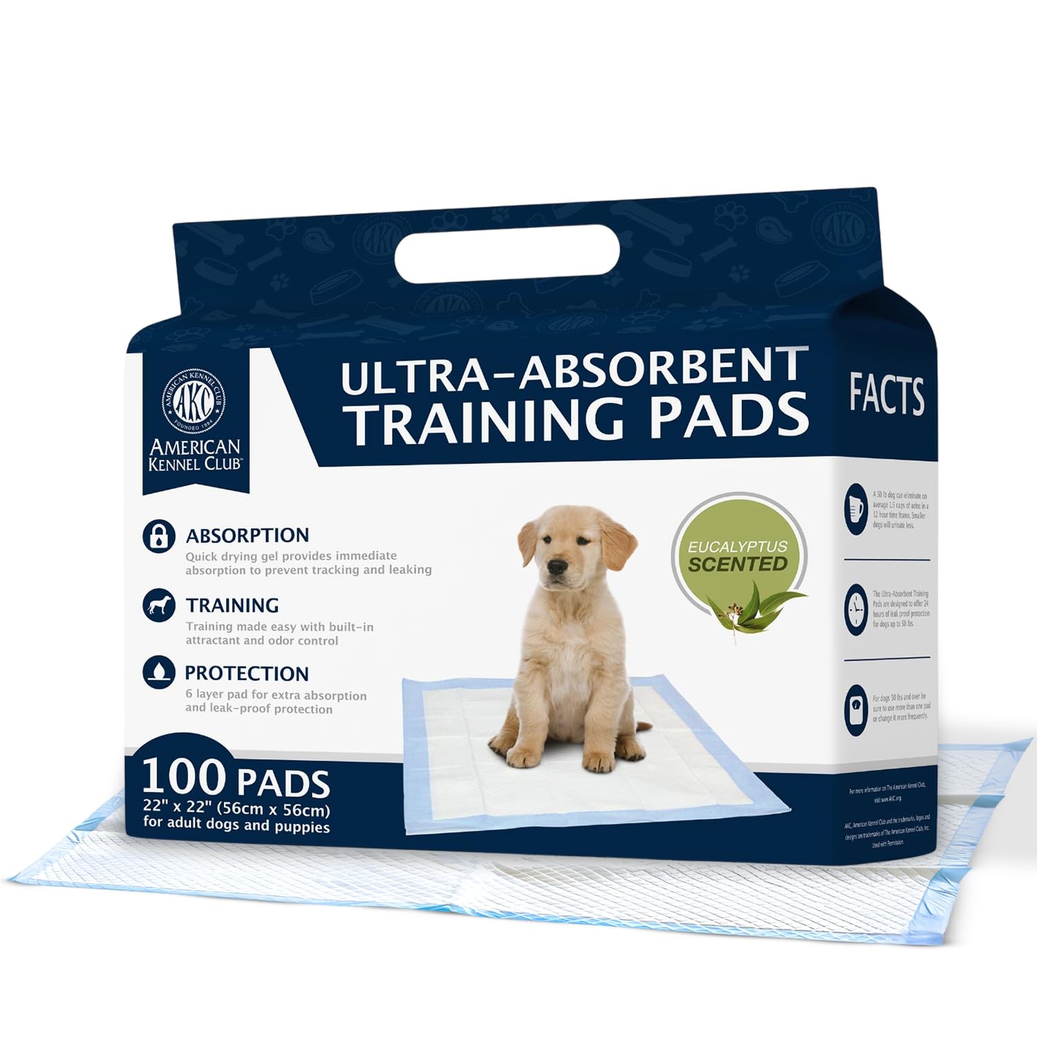 AKC Puppy Training Pads, 22″ x 22″, Eucalyptus Scented 100 Count