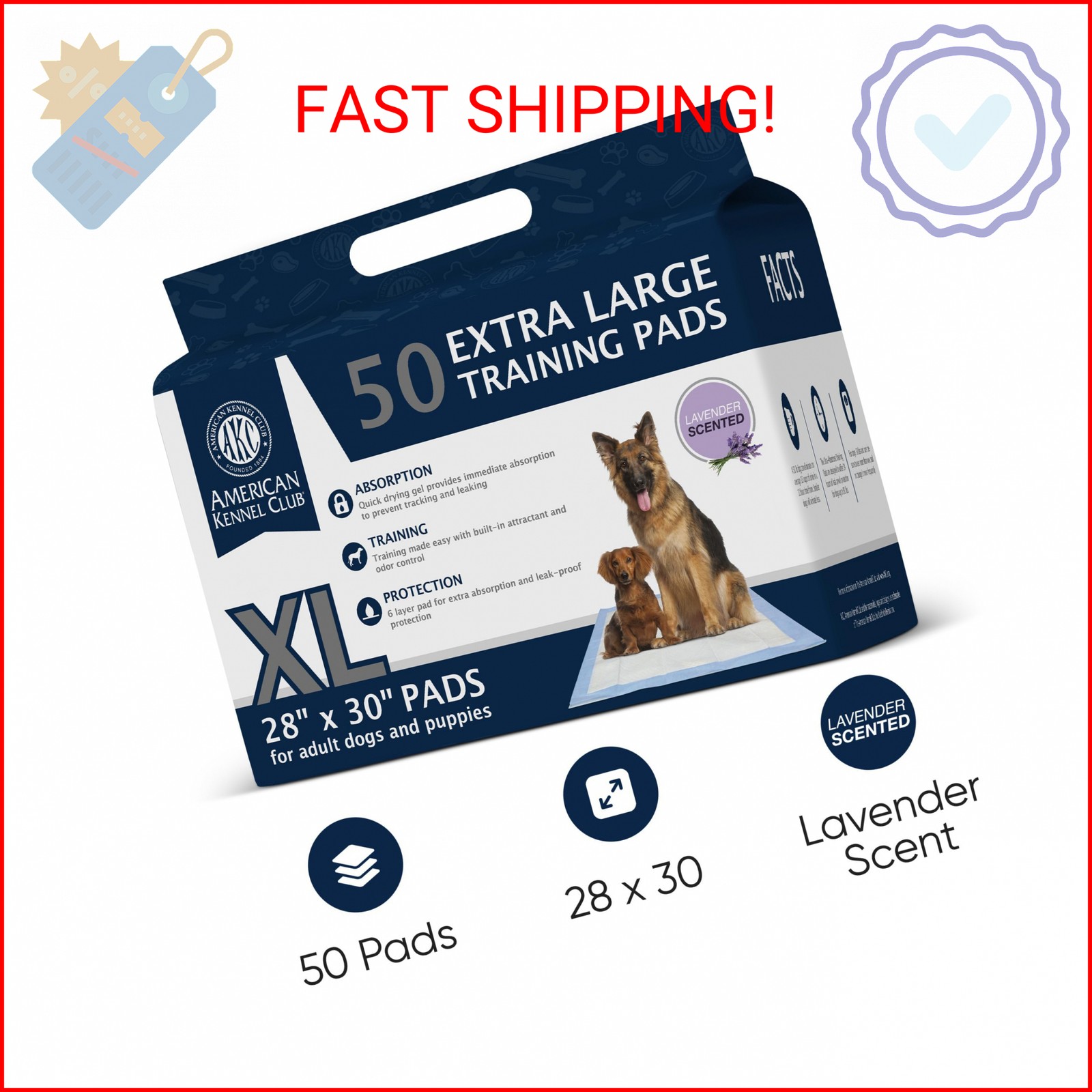 AKC Dog Training Pads, XL 28″ x 30″, Lavender Scent, 50 Count