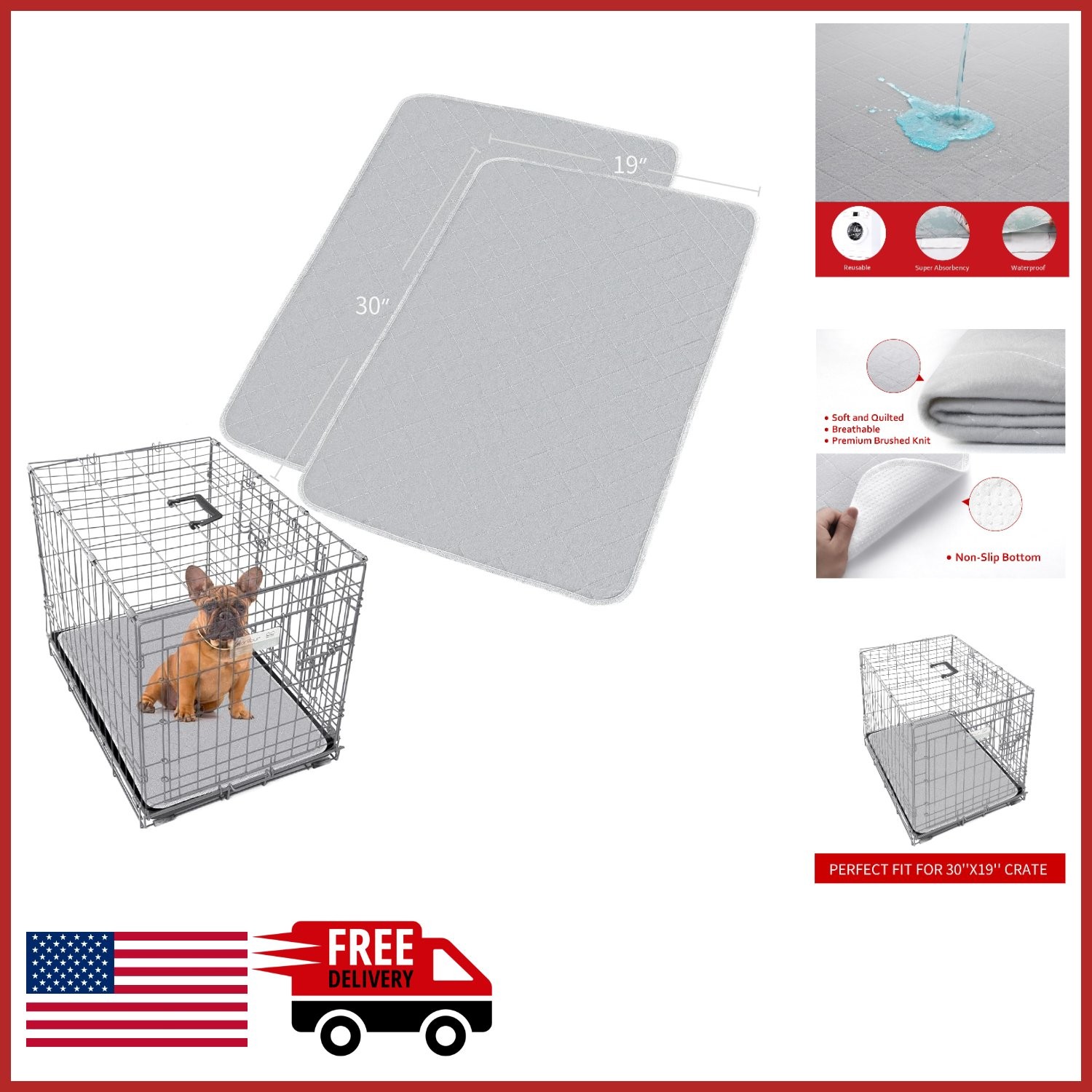 Reusable Dog Training Pads 30″x19″ Waterproof Non-Slip Crate Mat 2 Pack