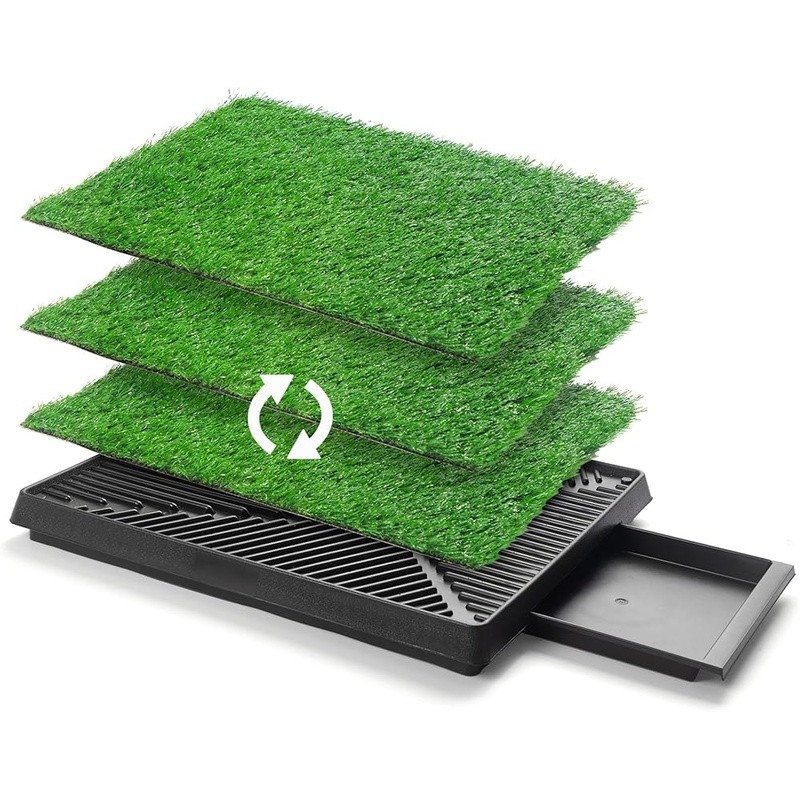 Indoor Outdoor Dog Potty Grass Pad W/ Tray 3 Reusable Turf Pads Drainage System