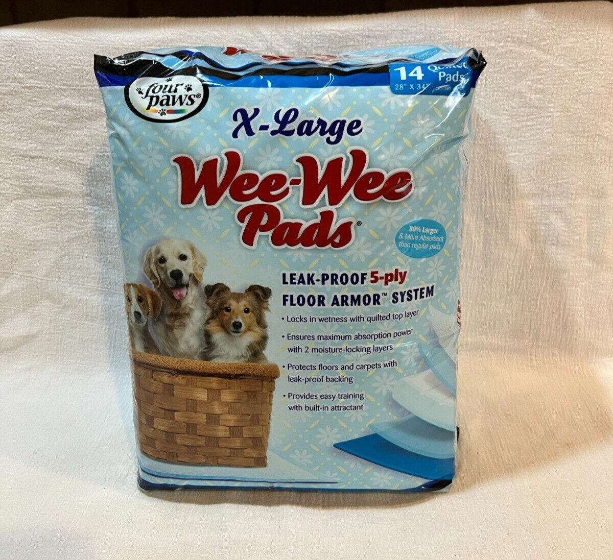 Wee-Wee Pads 14 count quilted 5 layer Extra Large White 28″ x 34″ Four Paws