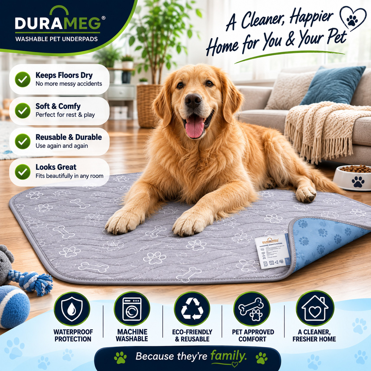 DURAMEG Washable Dog Pee Pads 36×36 Reusable Waterproof Puppy Training 2 Pack