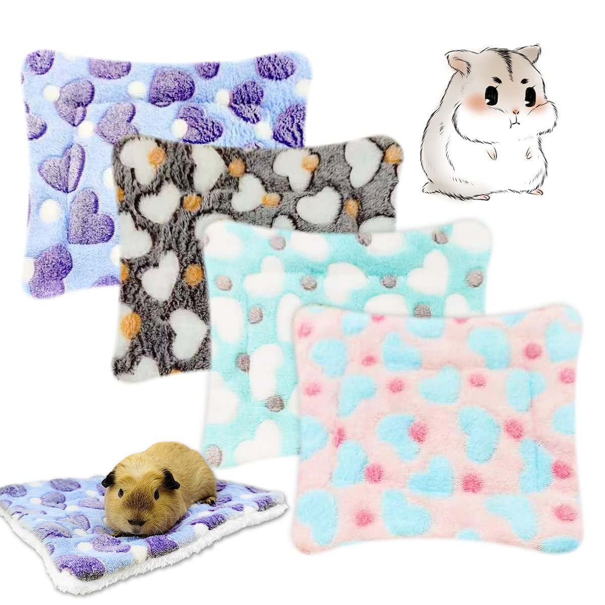 EAEDMY 4 Pieces Guinea Pig Bunny Comfortable Bed 11.8″x9.1″, 1.Hearts Pattern